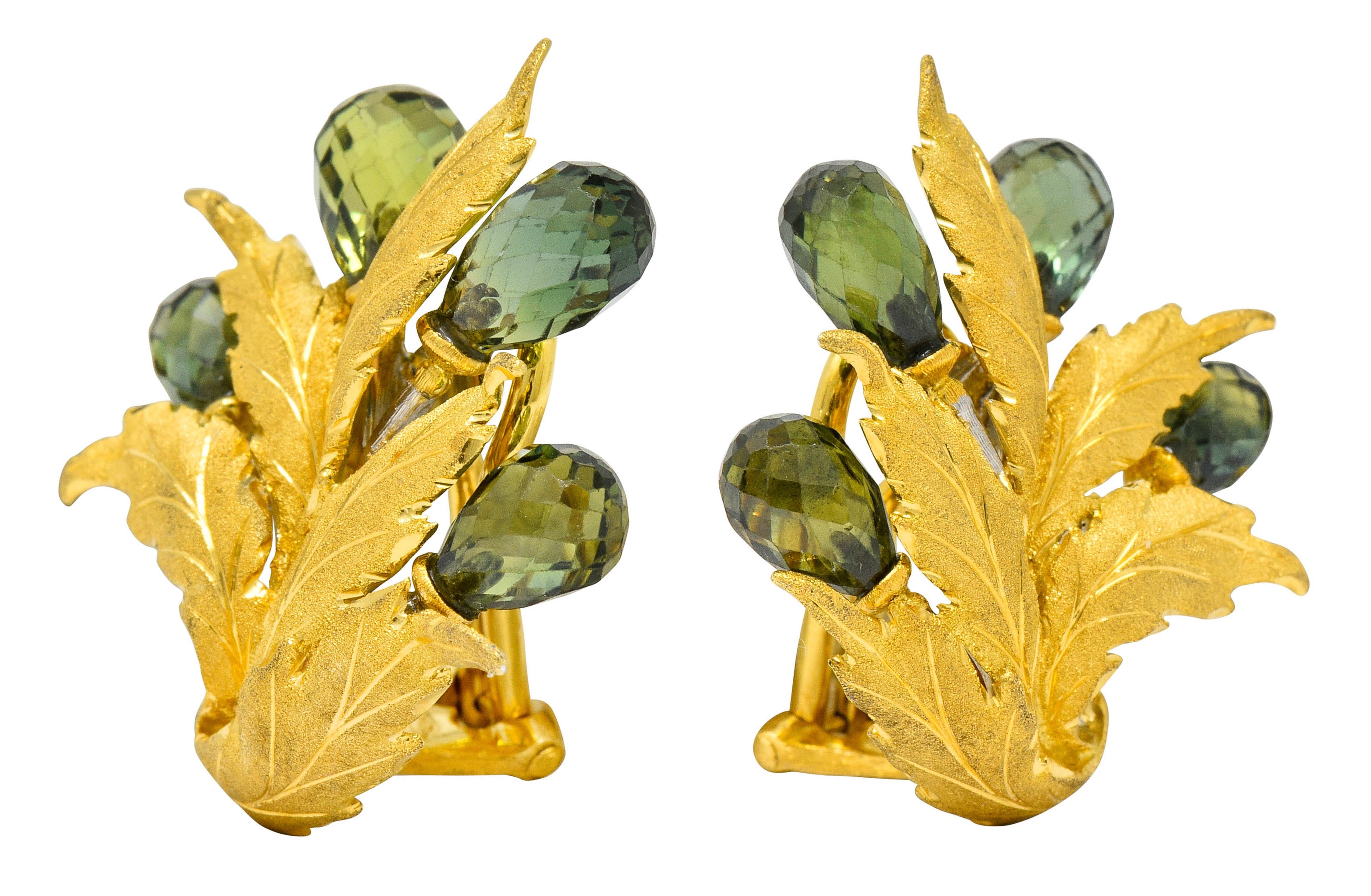 Buccellati Green Sapphire Briolette 18 Karat Two-Tone Gold Leaf Ear-Clip Earrings - Wilson's Estate Jewelry