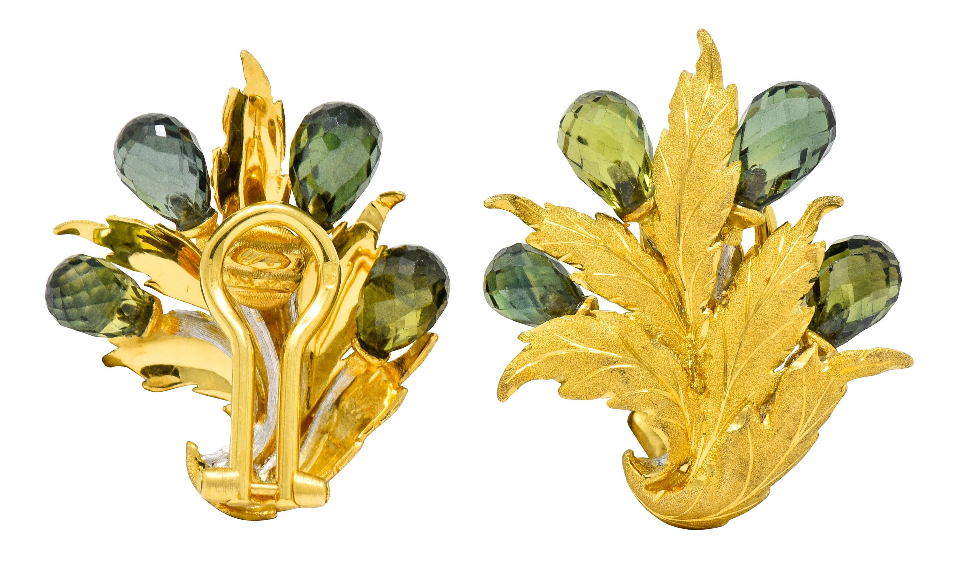 Buccellati Green Sapphire Briolette 18 Karat Two-Tone Gold Leaf Ear-Clip Earrings - Wilson's Estate Jewelry