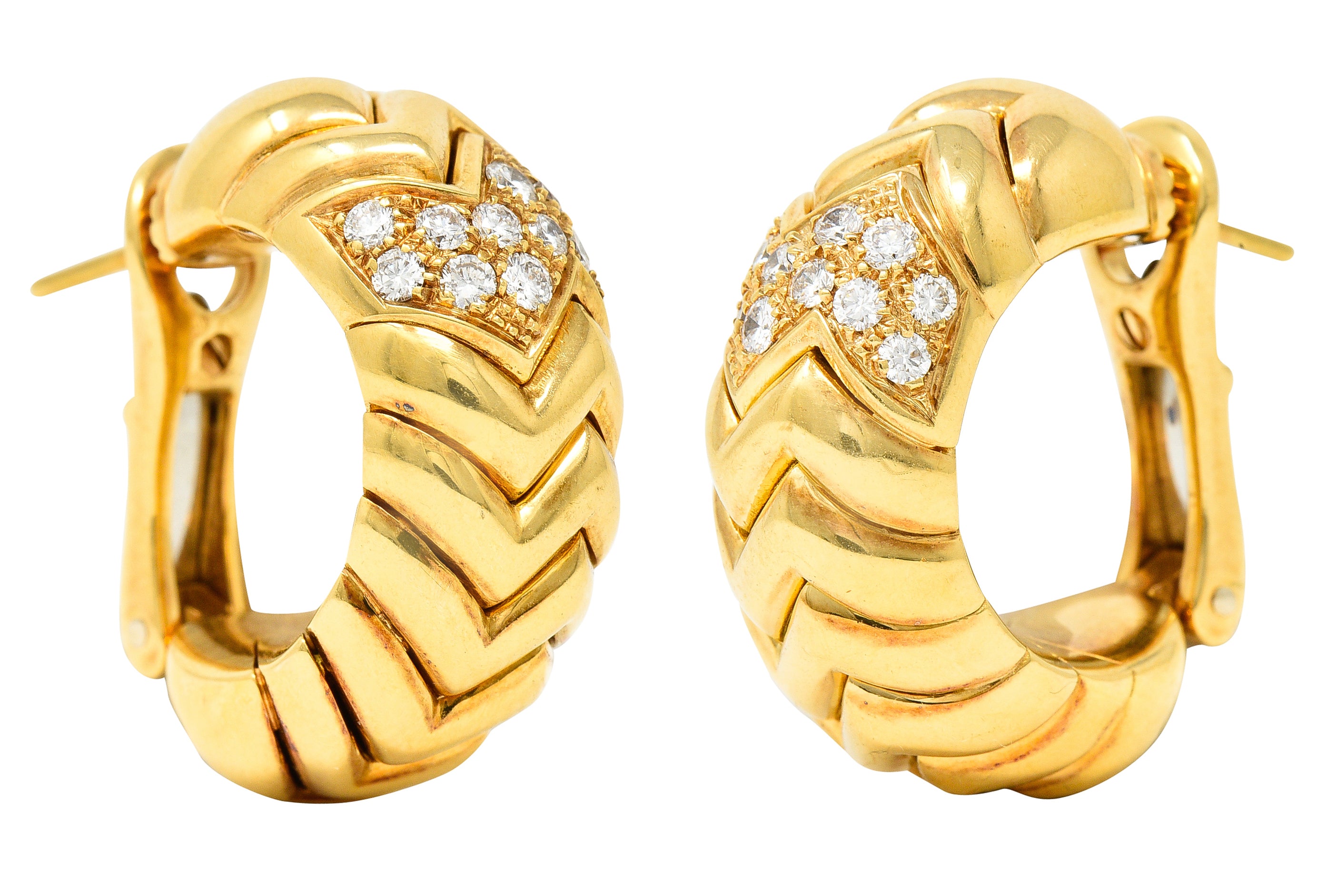 Bulgari Pavé Diamond 18 Karat Yellow Gold Vintage Spiga Half Hoop Earrings Wilson's Estate Jewelry