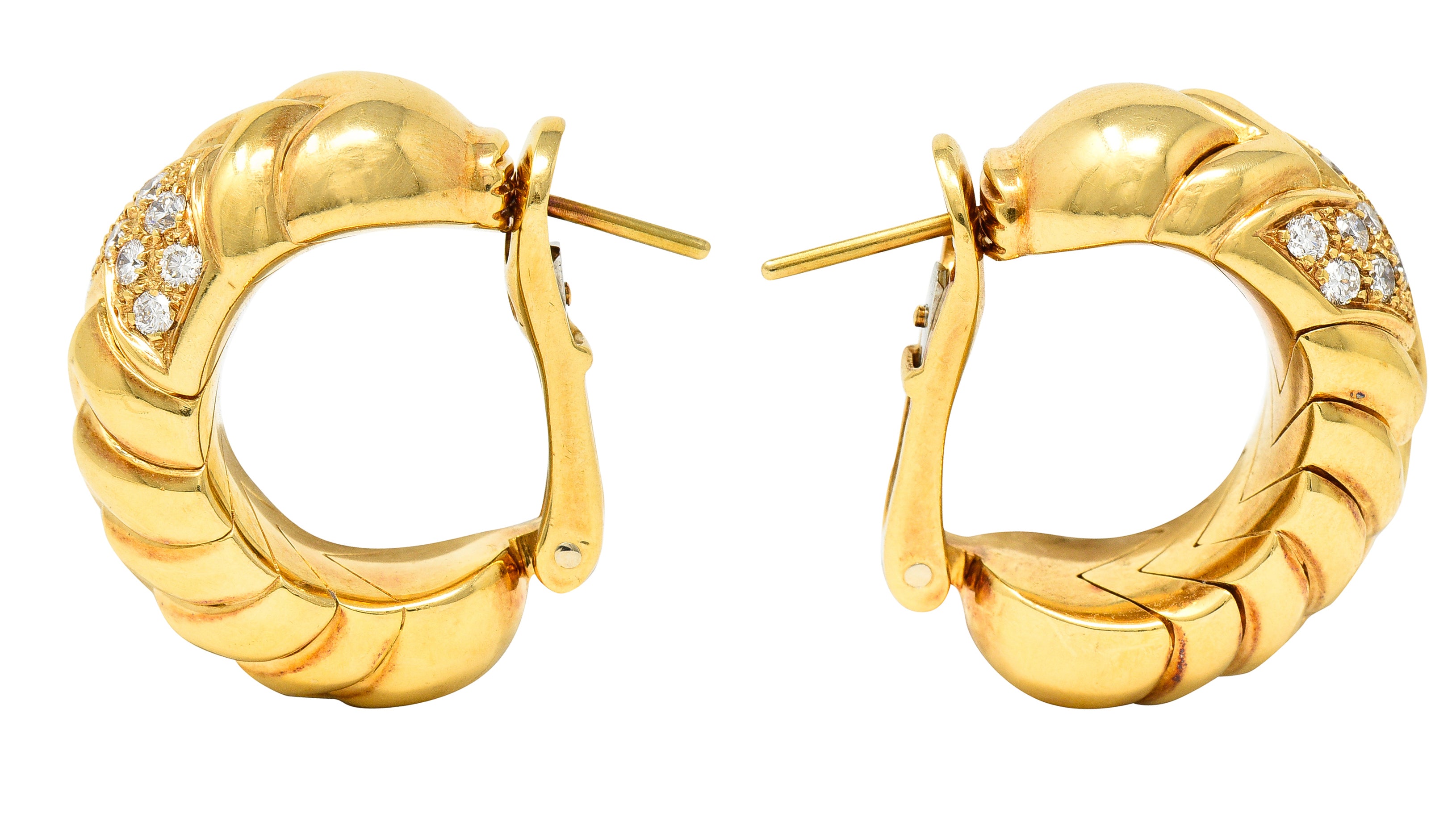 Bulgari Pavé Diamond 18 Karat Yellow Gold Vintage Spiga Half Hoop Earrings Wilson's Estate Jewelry