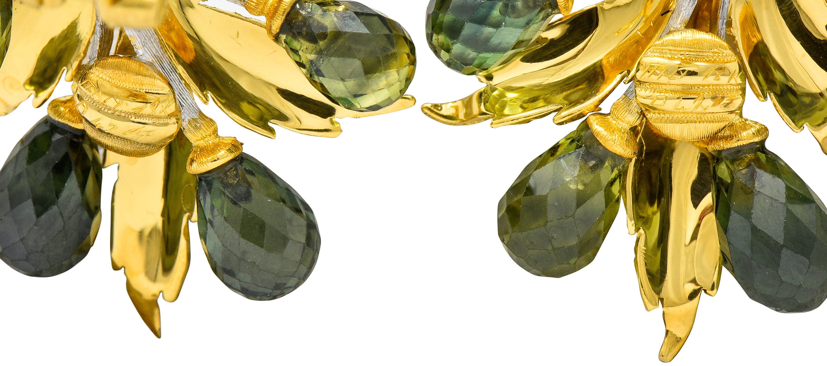 Buccellati Green Sapphire Briolette 18 Karat Two-Tone Gold Leaf Ear-Clip Earrings - Wilson's Estate Jewelry