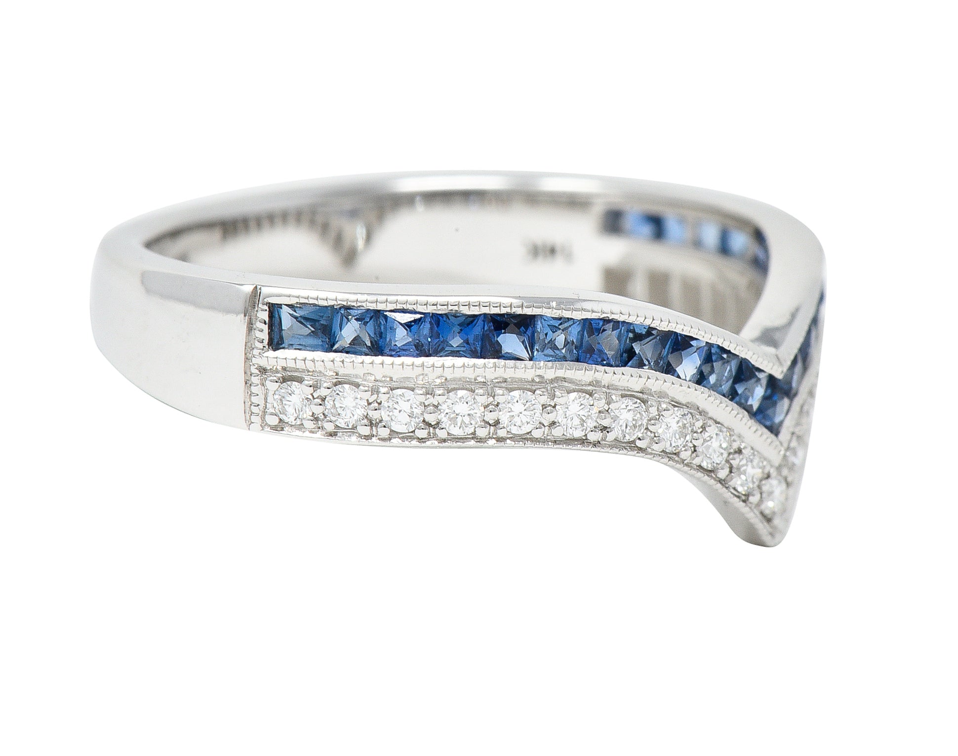 .11111 Contemporary 0.68 CTW French Cut Sapphire Diamond 14 Karat White Gold Chevron Contour Band Ring Wilson's Estate Jewelry