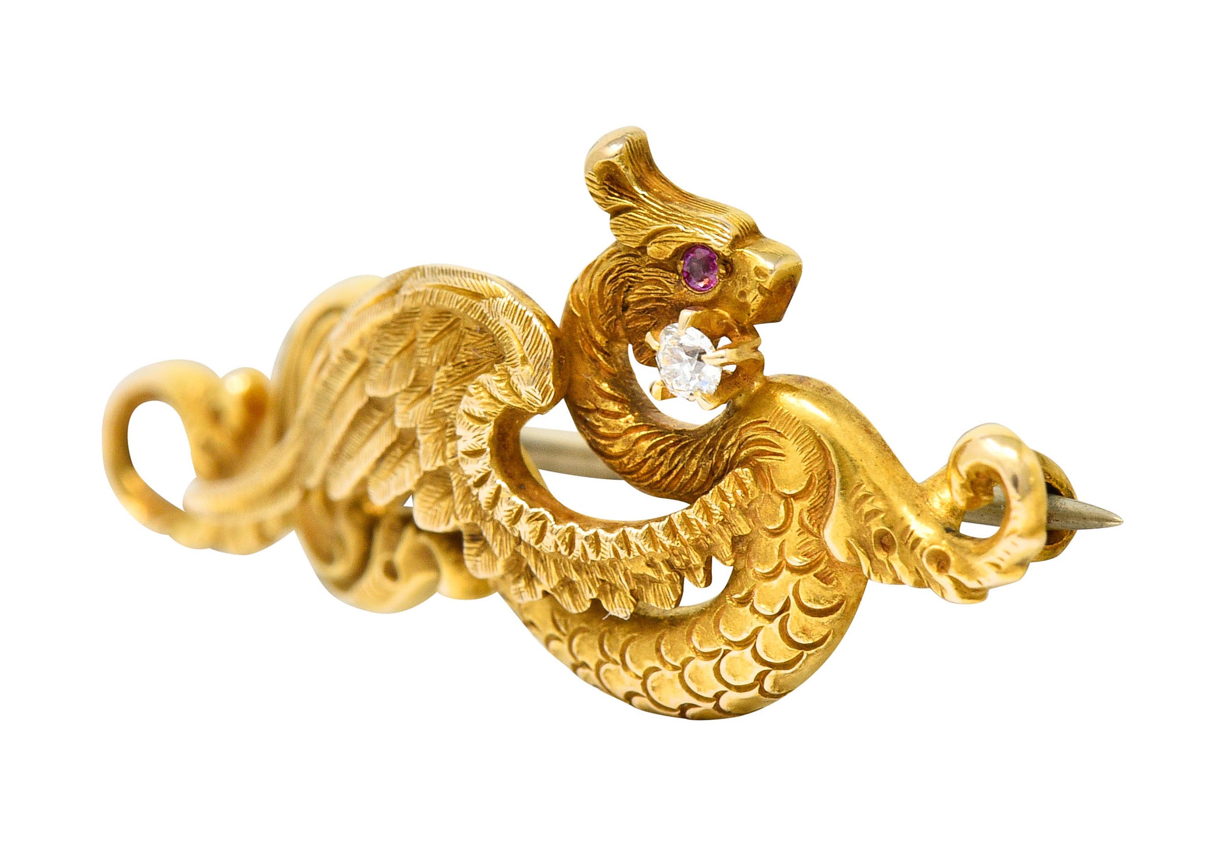 Riker Brothers Art Nouveau Diamond 14 Karat Gold Serpent Dragon Pendant BroochBrooch - Wilson's Estate Jewelry