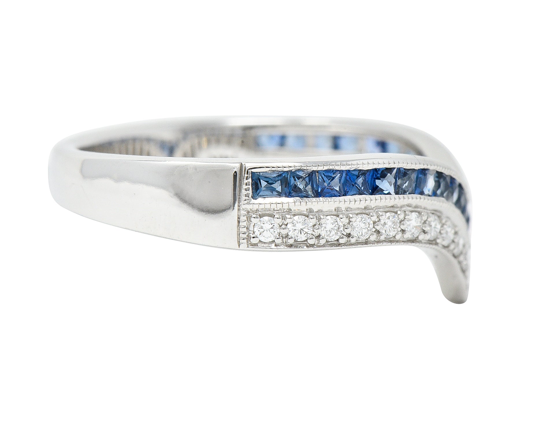 .11111 Contemporary 0.68 CTW French Cut Sapphire Diamond 14 Karat White Gold Chevron Contour Band Ring Wilson's Estate Jewelry