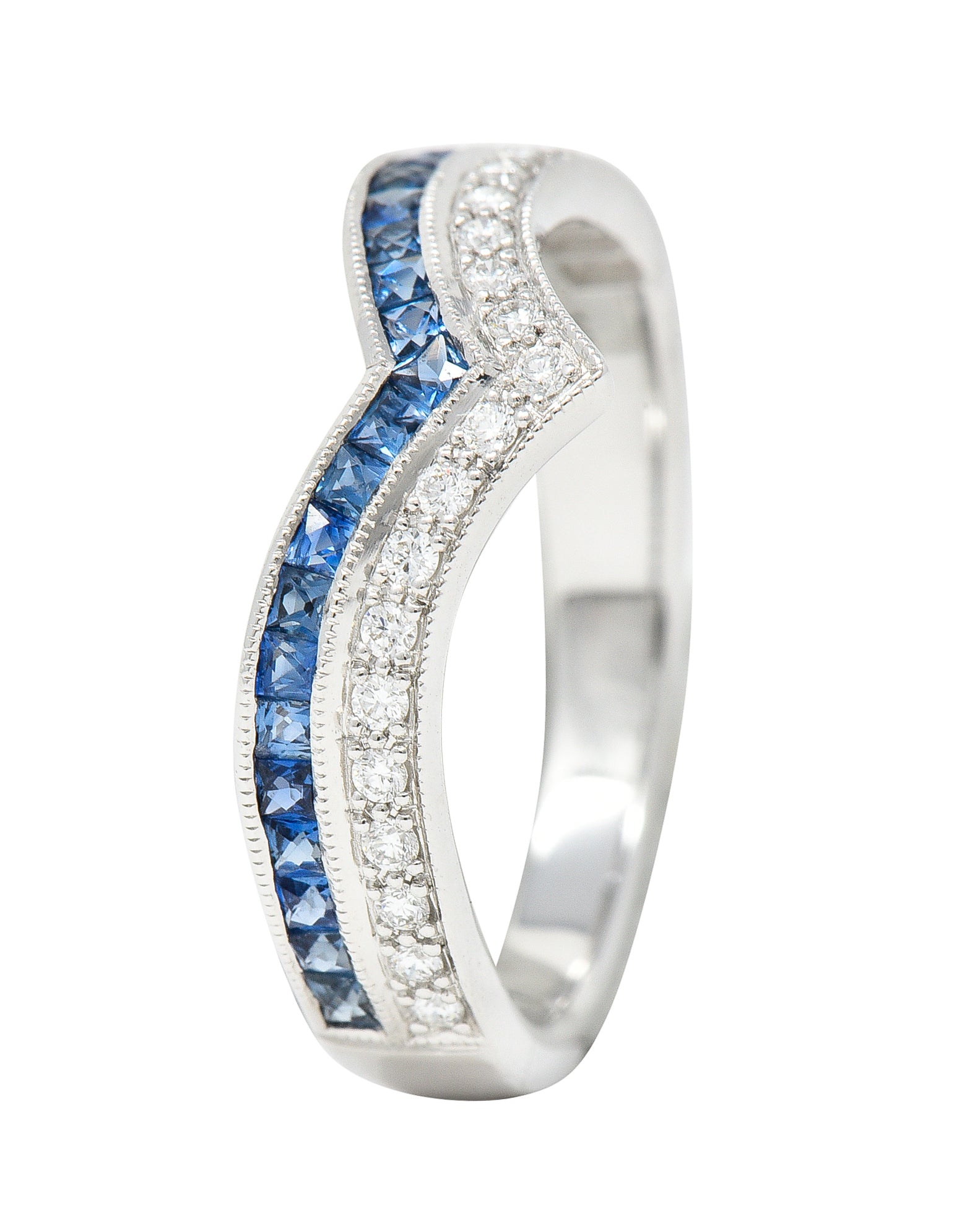 .11111 Contemporary 0.68 CTW French Cut Sapphire Diamond 14 Karat White Gold Chevron Contour Band Ring Wilson's Estate Jewelry