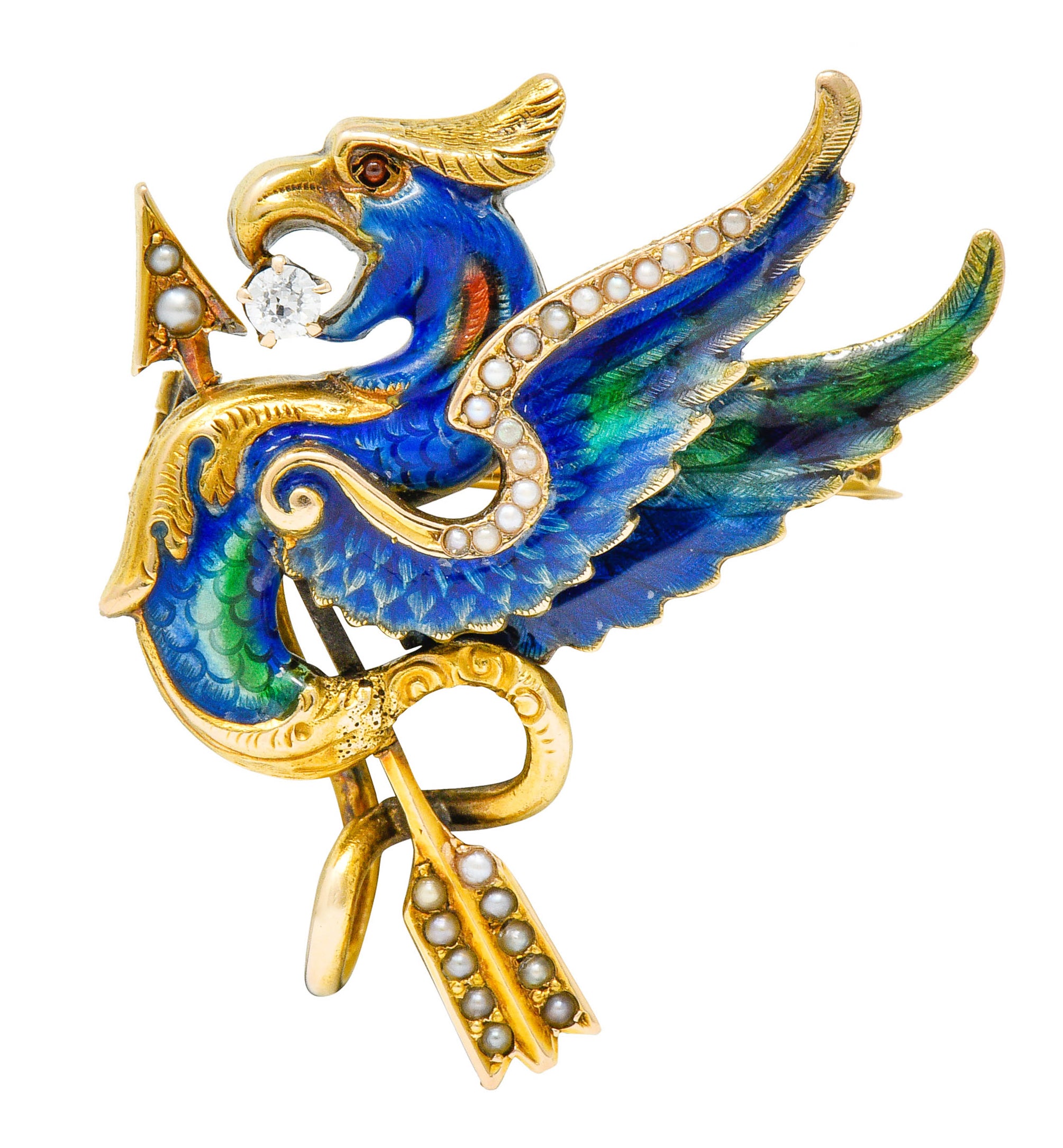 Riker Brothers Diamond Enamel Natural Freshwater Pearl 14 Karat Gold Dragon Basilisk BroochBrooch - Wilson's Estate Jewelry