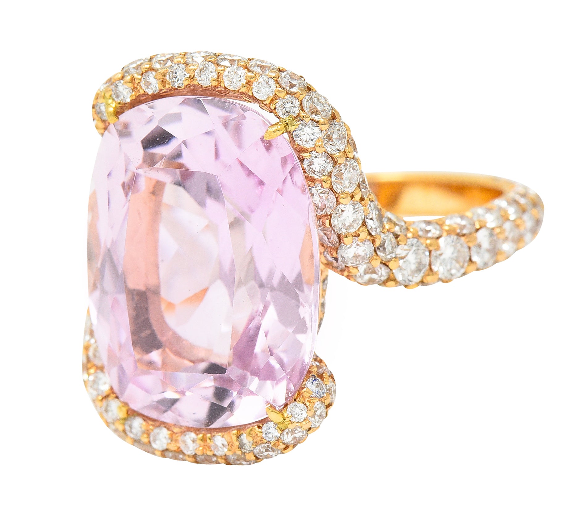 .11111 SH De Grisogono Kunzite Pavé Diamond 18 Karat Rose Gold Bypass Gemstone Ring Wilson's Estate Jewelry