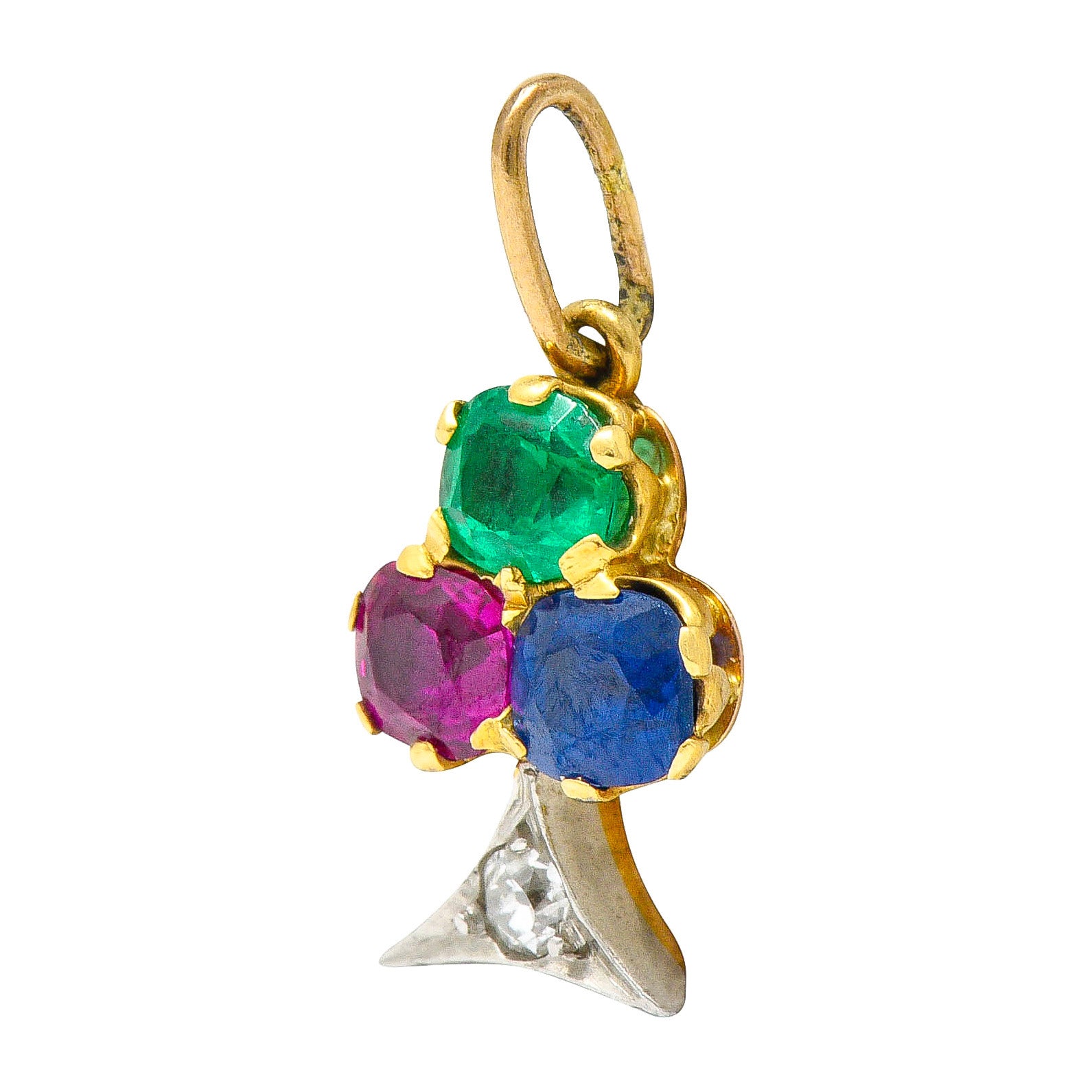 Art Nouveau Sapphire Ruby Diamond Platinum-Topped 18 Karat Gold Clover Charmcharm - Wilson's Estate Jewelry