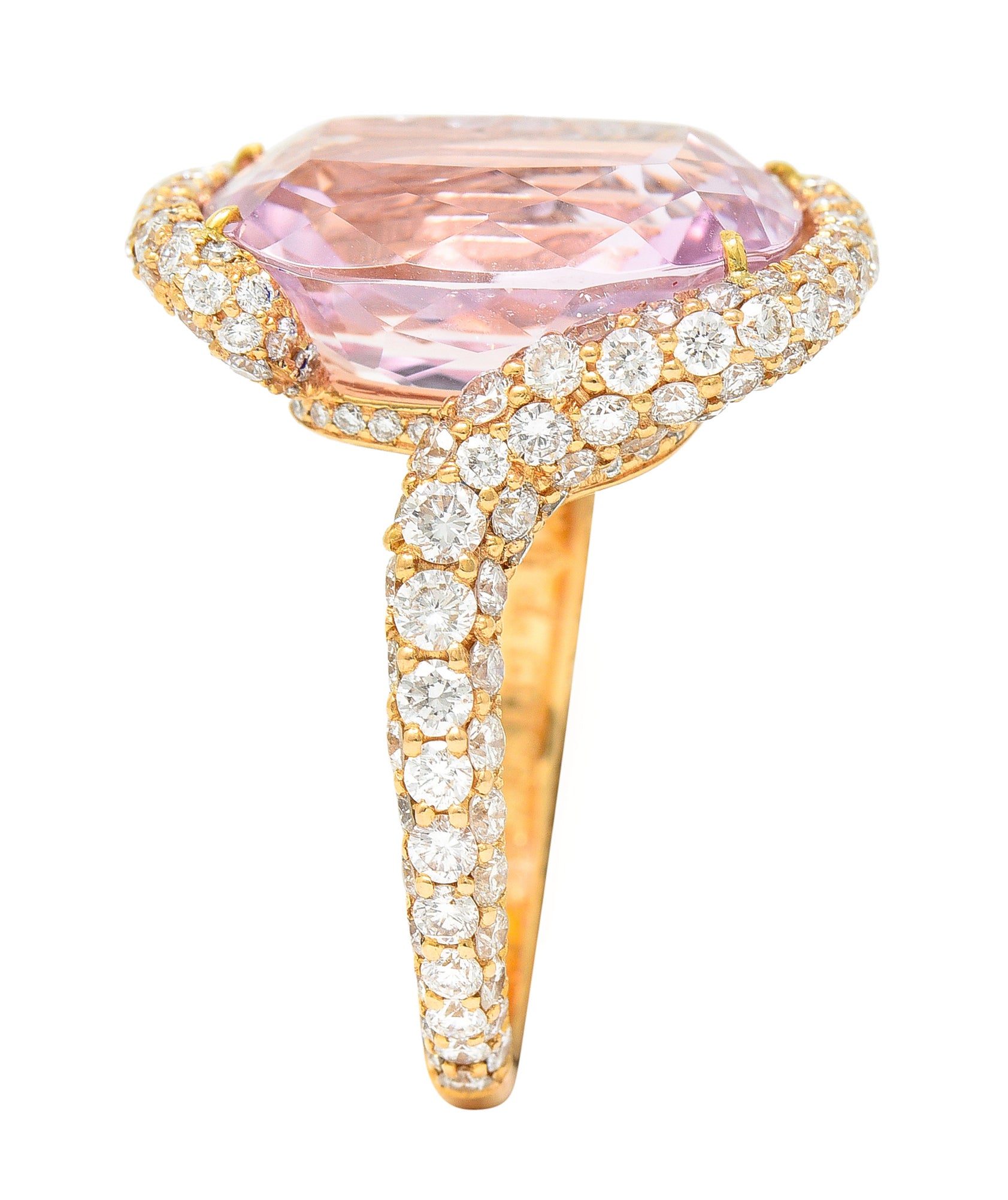 .11111 SH De Grisogono Kunzite Pavé Diamond 18 Karat Rose Gold Bypass Gemstone Ring Wilson's Estate Jewelry