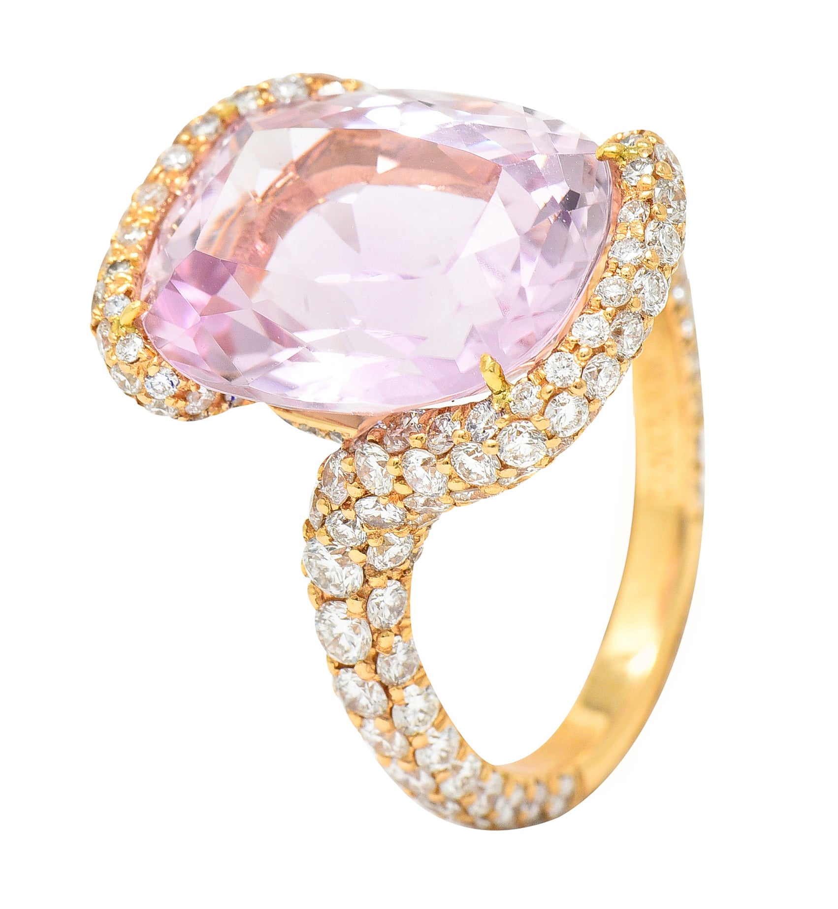 .11111 SH De Grisogono Kunzite Pavé Diamond 18 Karat Rose Gold Bypass Gemstone Ring Wilson's Estate Jewelry