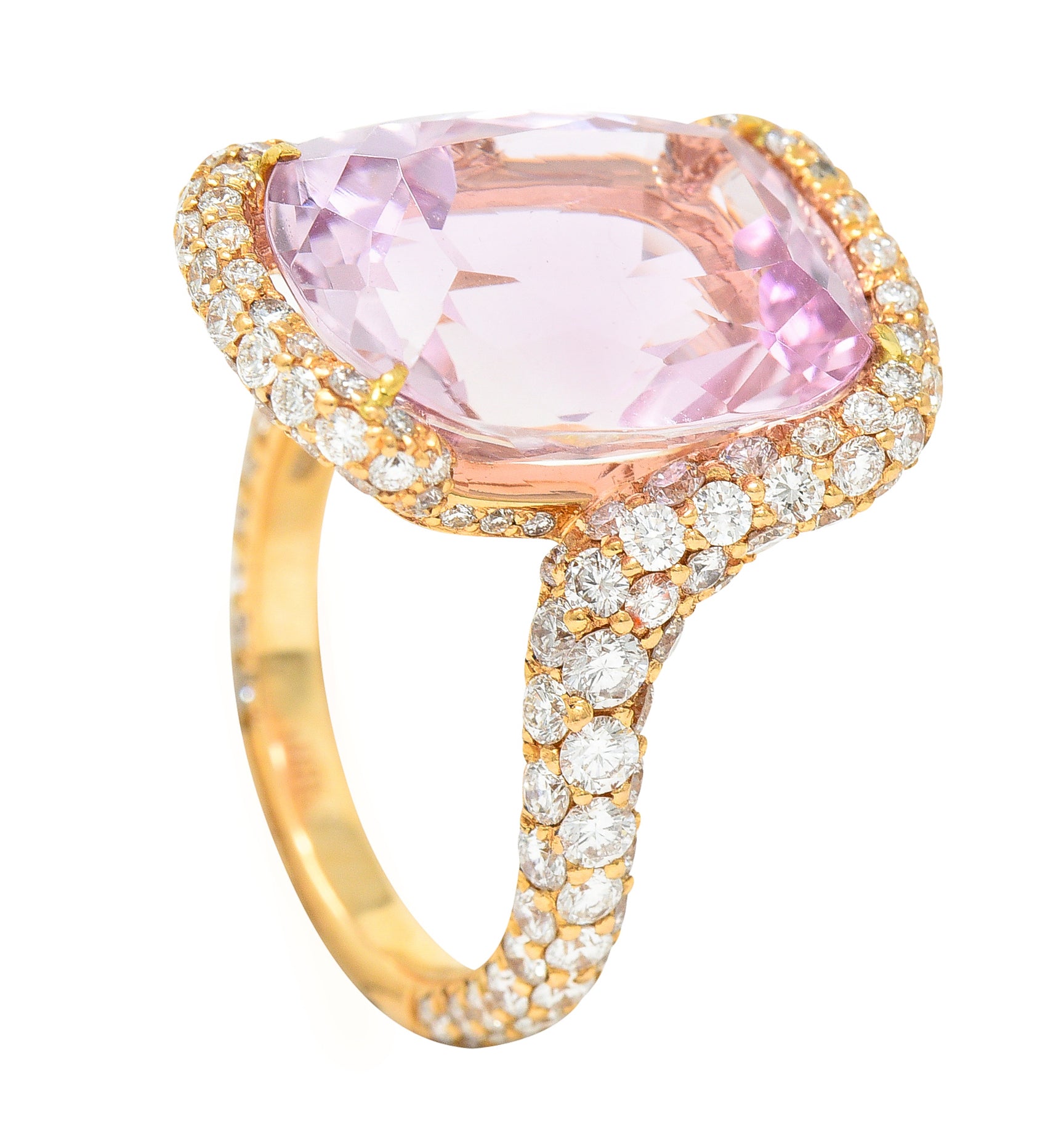 .11111 SH De Grisogono Kunzite Pavé Diamond 18 Karat Rose Gold Bypass Gemstone Ring Wilson's Estate Jewelry