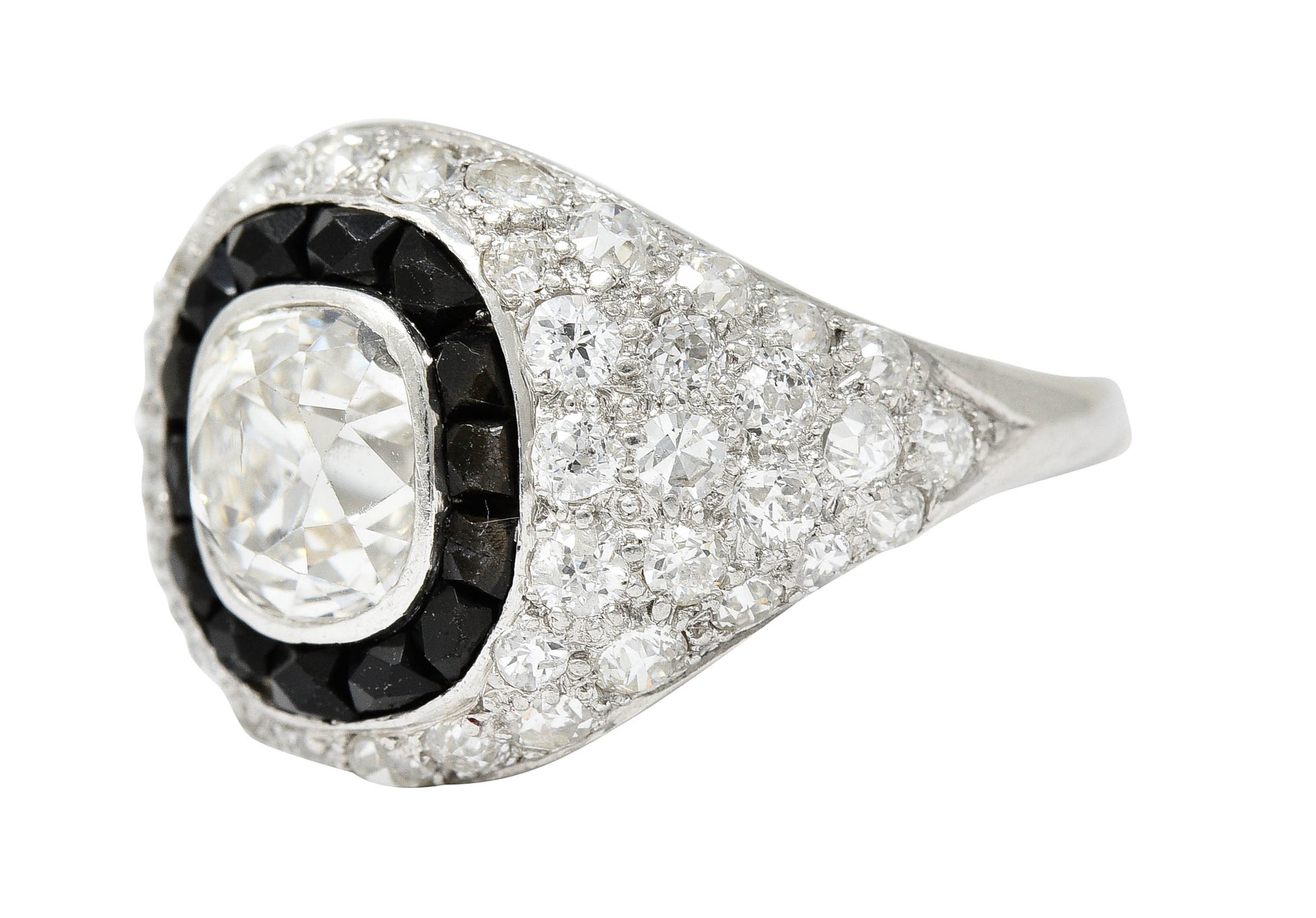 Art Deco Onyx Halo 2.70 CTW Diamond Platinum Bombe Band RingRing - Wilson's Estate Jewelry