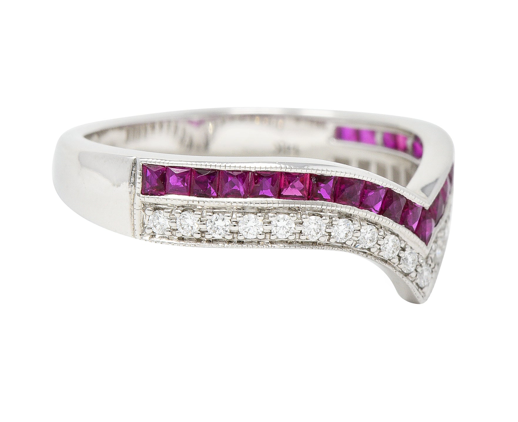 Contemporary 0.69 CTW French Cut Ruby Diamond 14 Karat White Gold Chevron Contour Band Ring Wilson's Estate Jewelry