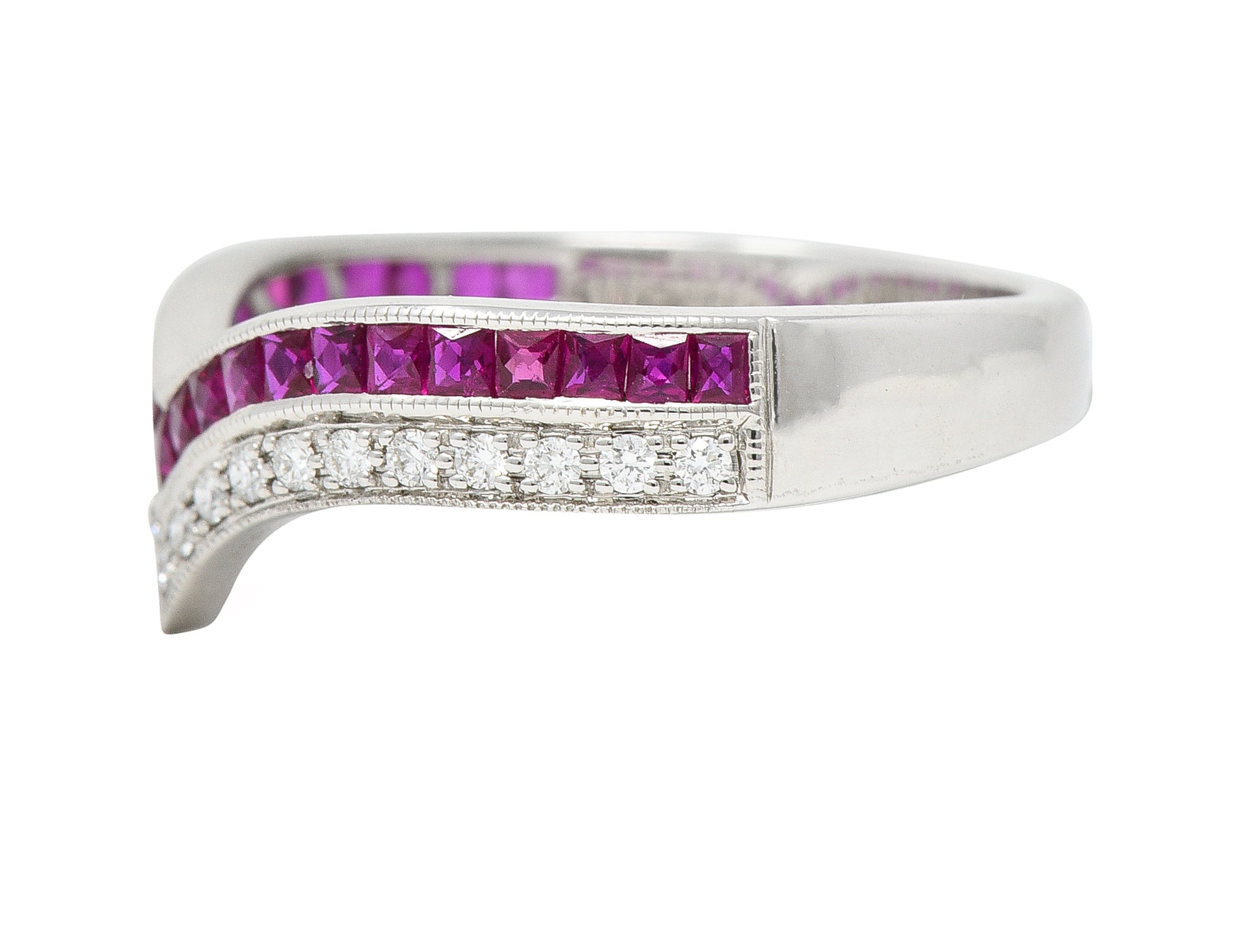 Contemporary 0.69 CTW French Cut Ruby Diamond 14 Karat White Gold Chevron Contour Band Ring Wilson's Estate Jewelry