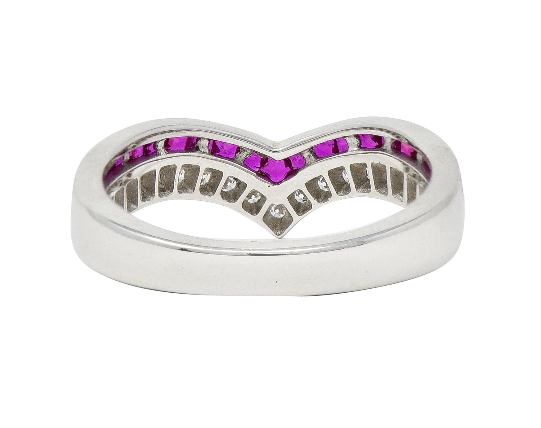 Contemporary 0.69 CTW French Cut Ruby Diamond 14 Karat White Gold Chevron Contour Band Ring Wilson's Estate Jewelry