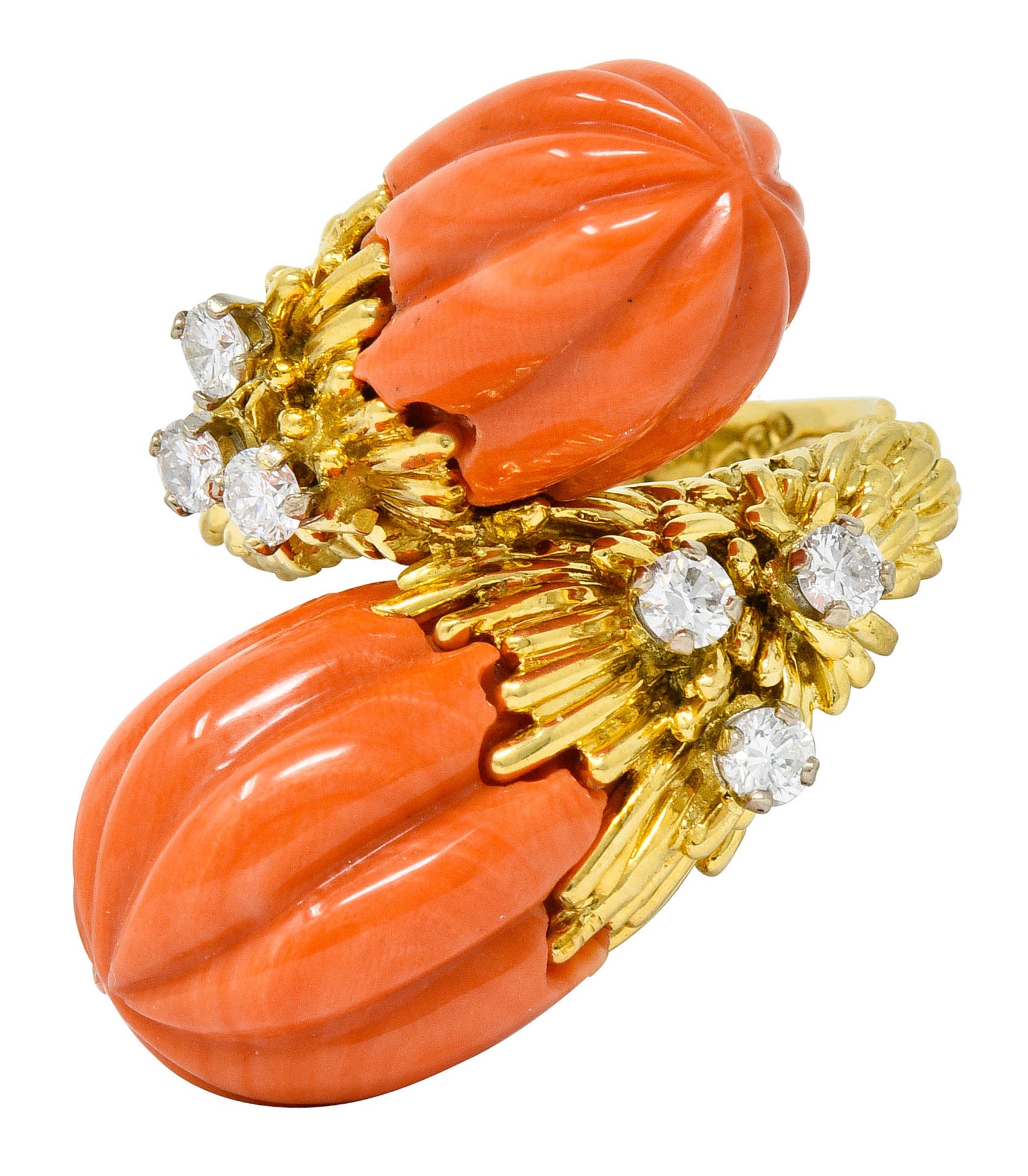 1968 Kutchinsky Diamond Coral 18 Karat Gold Vintage Bypass RingRing - Wilson's Estate Jewelry