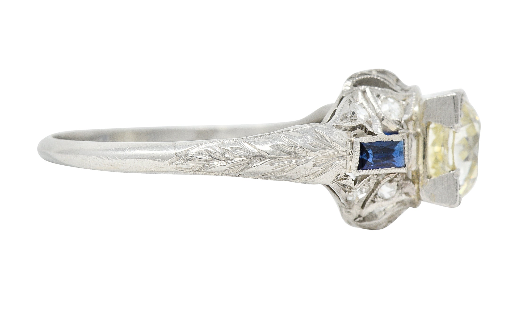 Art Deco 1.51 CTW Old European Cut Diamond Sapphire Platinum Ivy Square Form Engagement Ring Wilson's Estate Jewelry