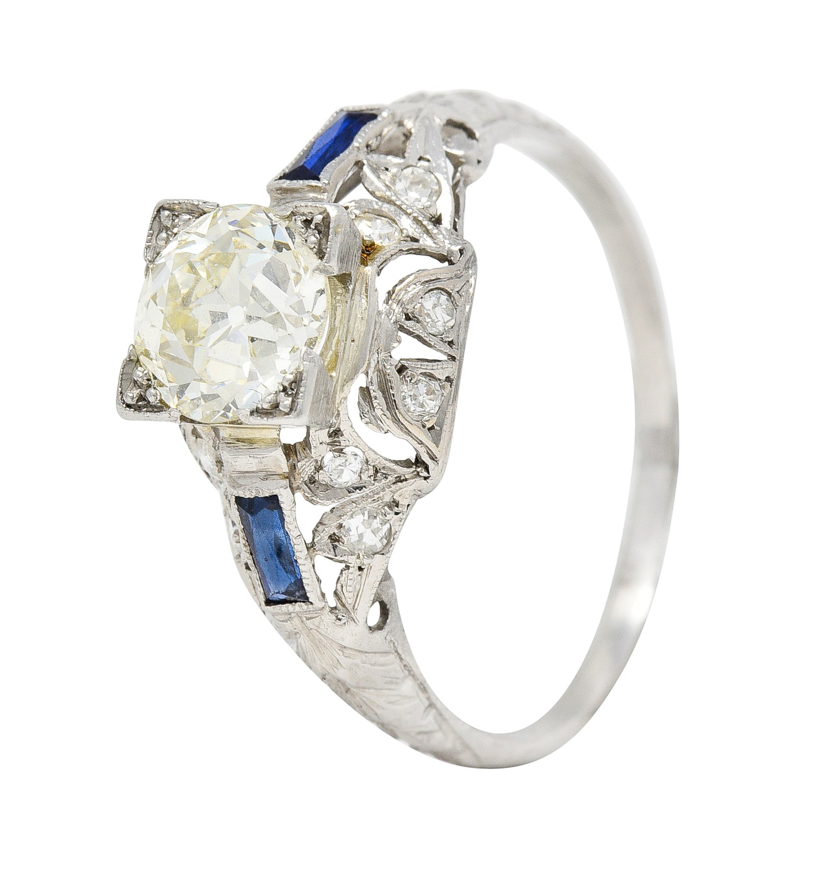 Art Deco 1.51 CTW Old European Cut Diamond Sapphire Platinum Ivy Square Form Engagement Ring Wilson's Estate Jewelry