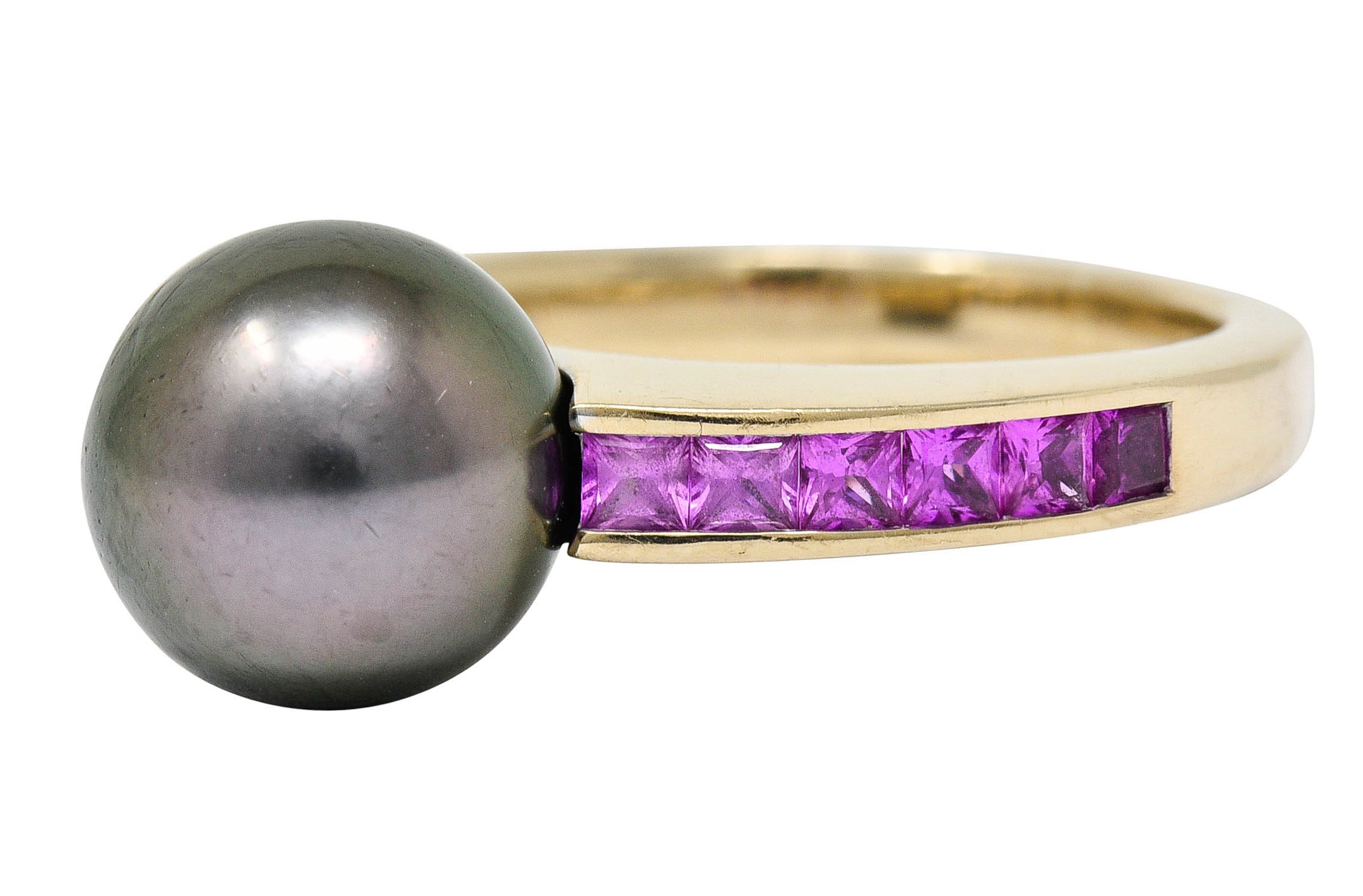 Mikimoto Tahitian Pearl Pink Sapphire 18 Karat White Gold Band RingRing - Wilson's Estate Jewelry