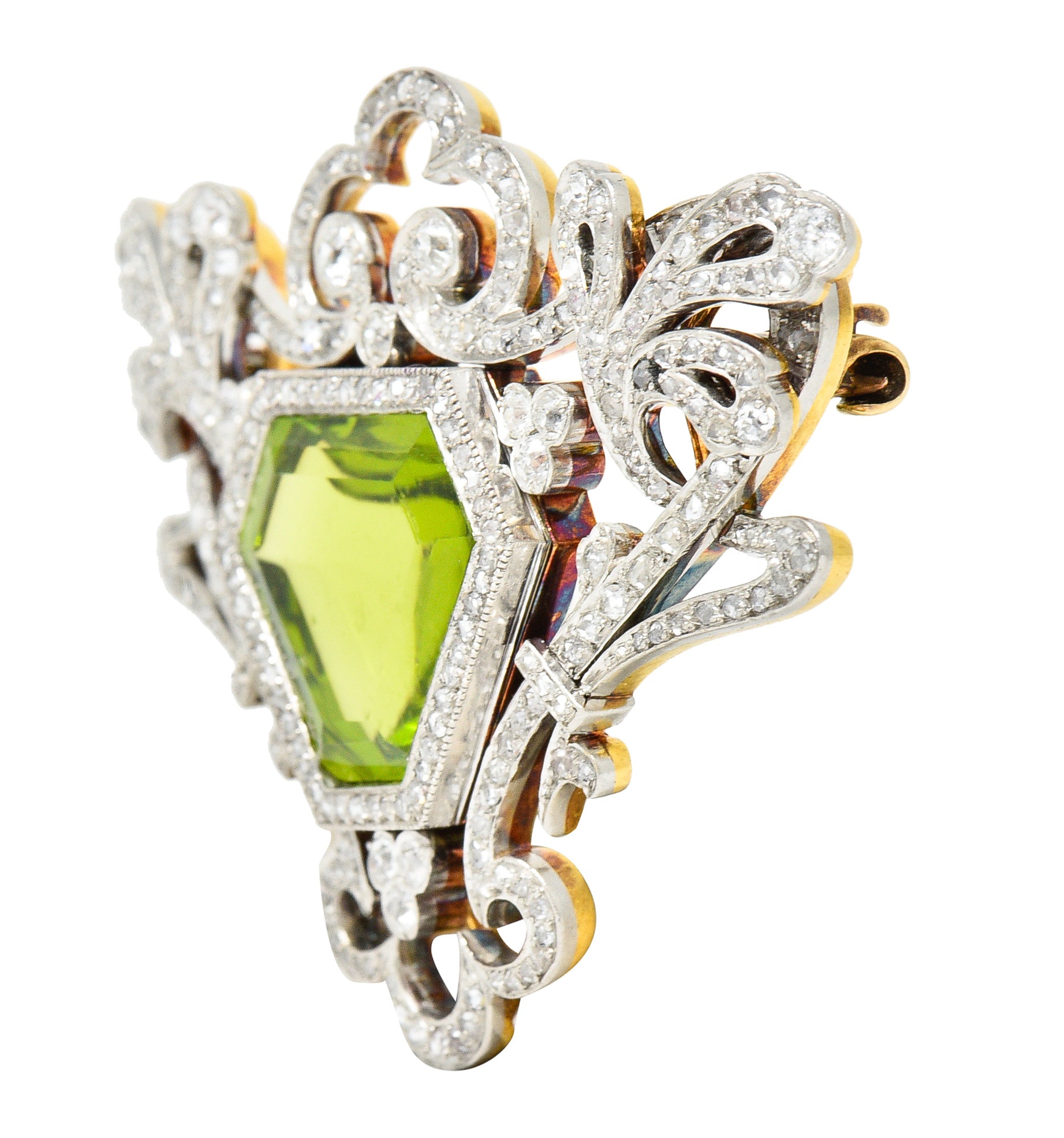 Belle Époque 10.00 CTW Peridot Diamond Platinum-Topped 18 Karat Yellow Gold Antique Pendant Brooch Wilson's Estate Jewelry