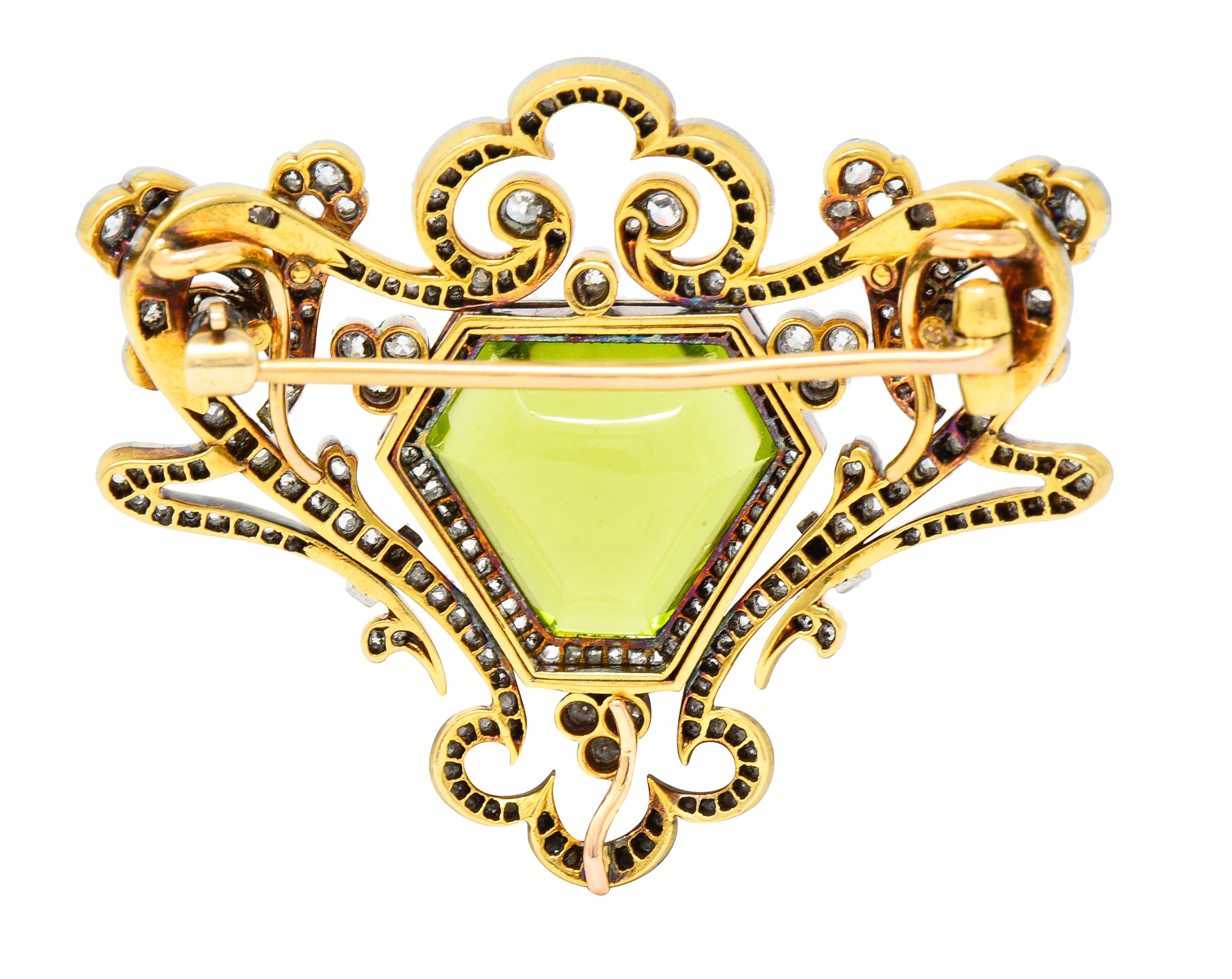 Belle Époque 10.00 CTW Peridot Diamond Platinum-Topped 18 Karat Yellow Gold Antique Pendant Brooch Wilson's Estate Jewelry