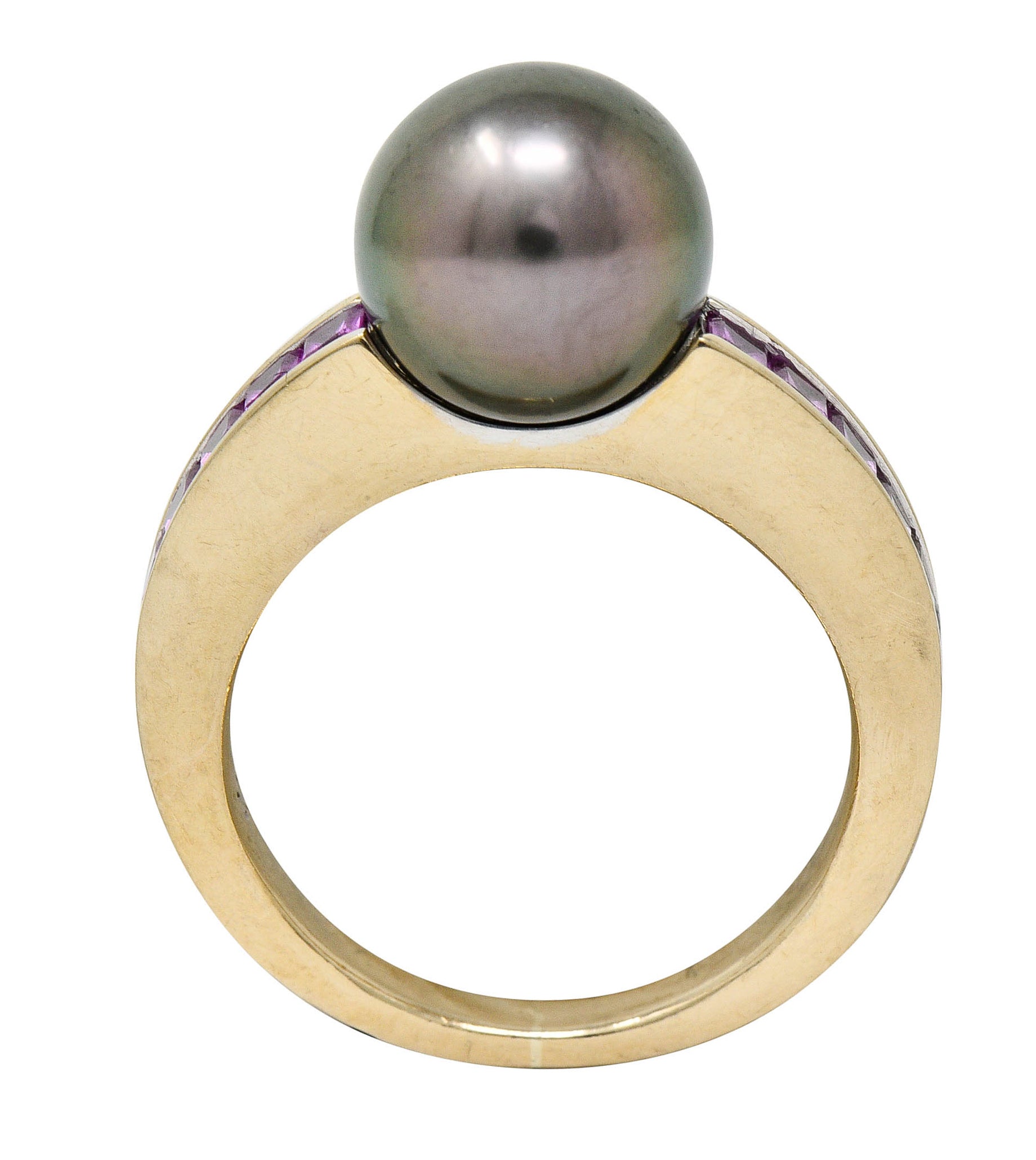 Mikimoto Tahitian Pearl Pink Sapphire 18 Karat White Gold Band RingRing - Wilson's Estate Jewelry