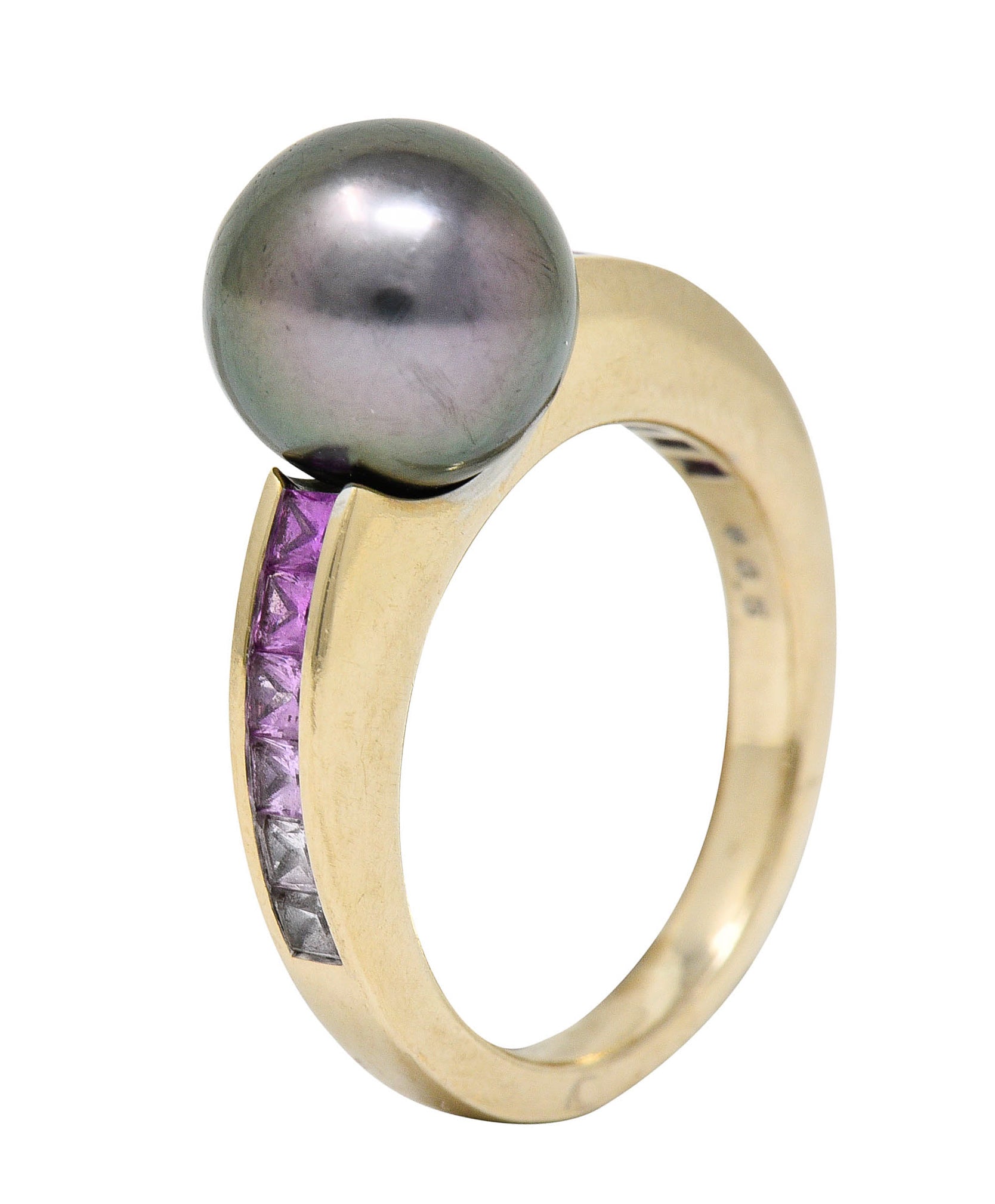 Mikimoto Tahitian Pearl Pink Sapphire 18 Karat White Gold Band RingRing - Wilson's Estate Jewelry