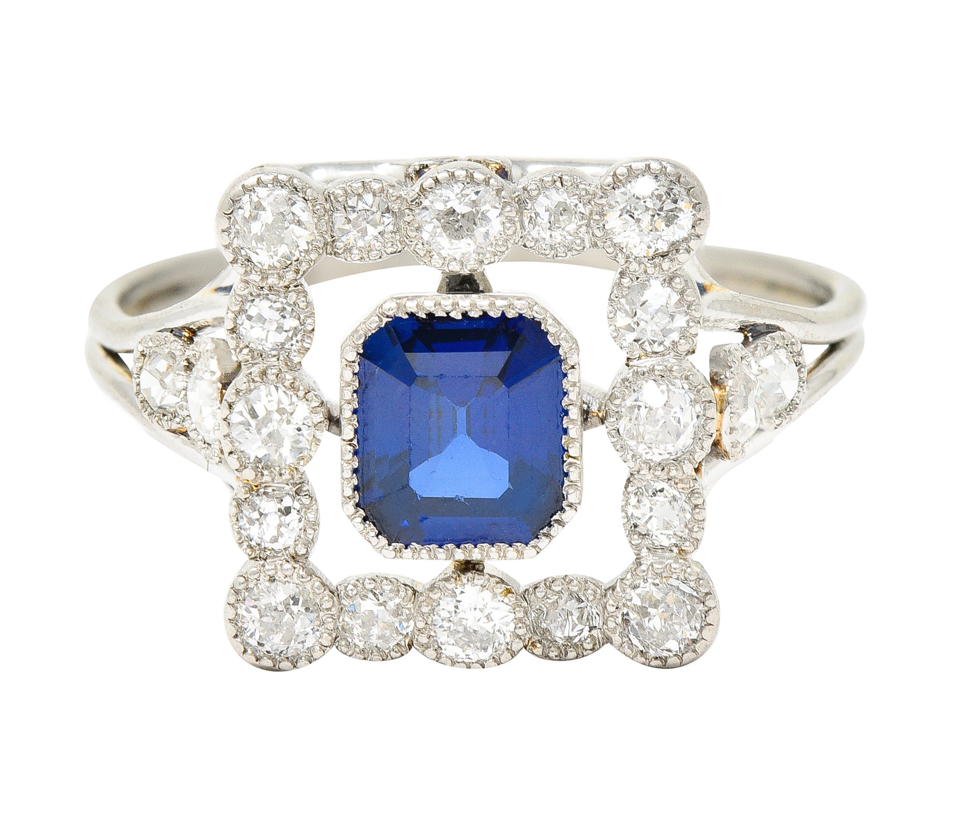 Art Deco 1.35 CTW Sapphire Diamond Platinum Rectangular Cluster Ring Wilson's Estate Jewelry