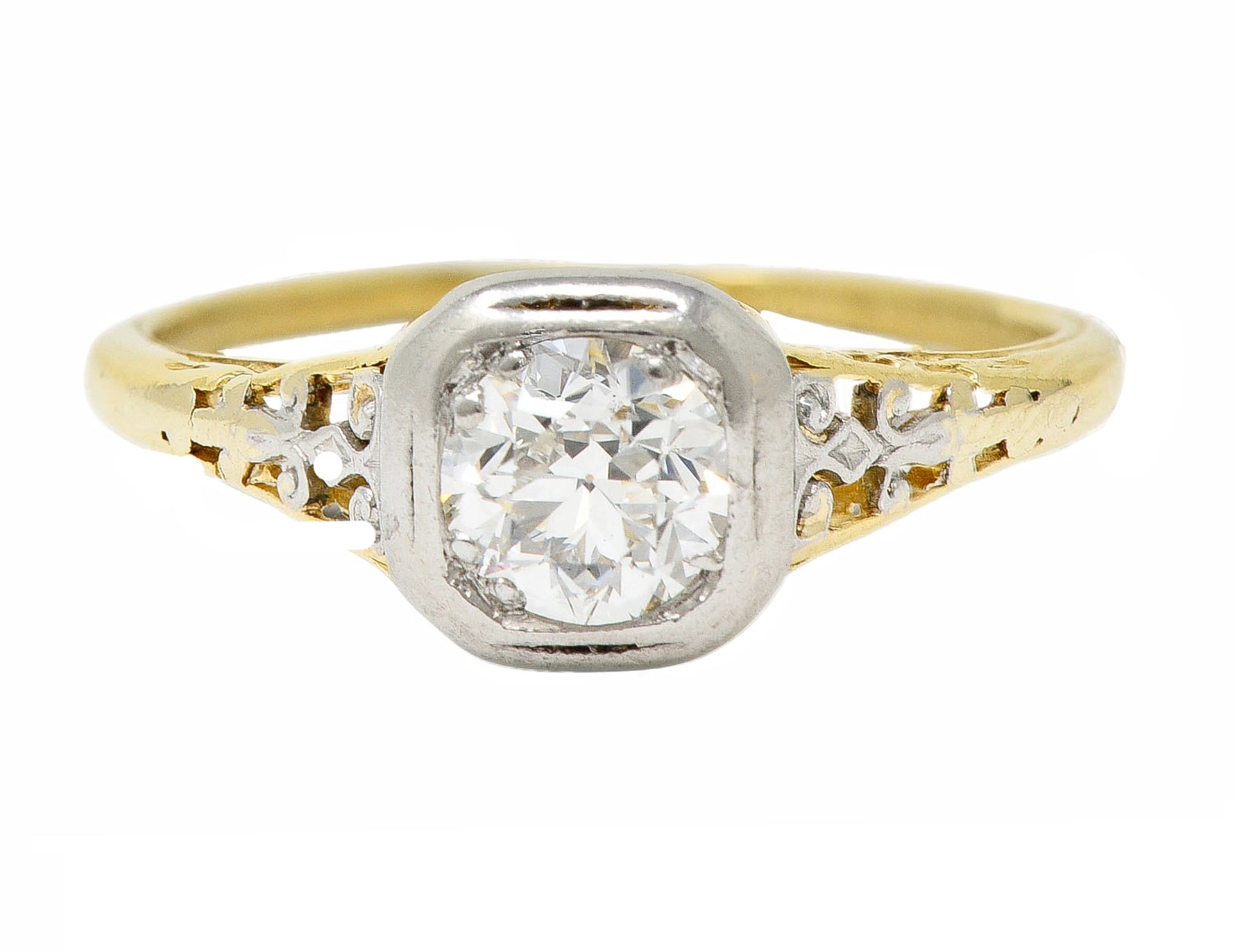 Art Deco 0.36 CTW Platinum 18 Karat Yellow Gold Volute Vintage Engagement Ring