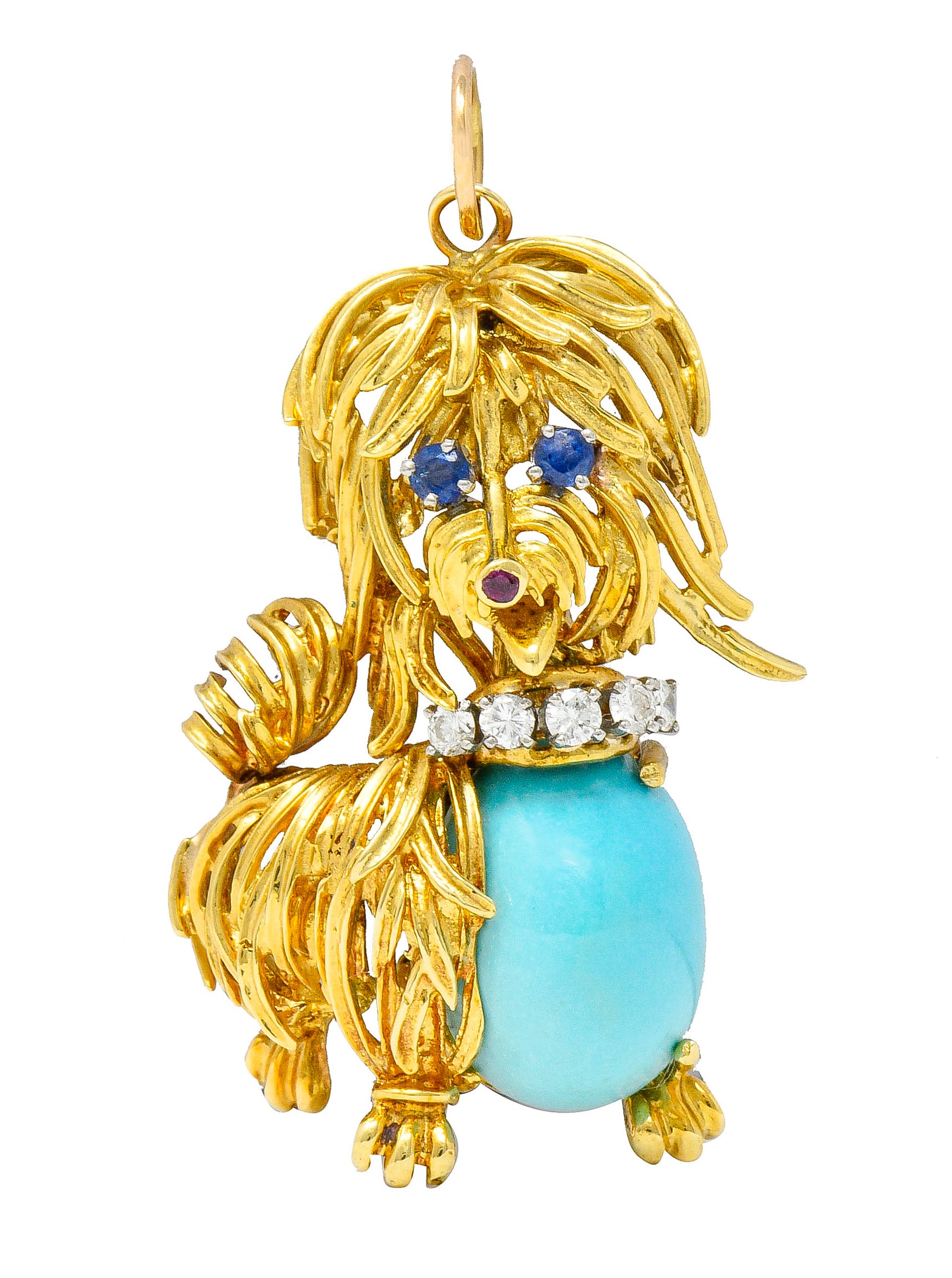 1960's Vintage Turquoise Sapphire Diamond 18 Karat Gold Maltese Dog PendantNecklace - Wilson's Estate Jewelry