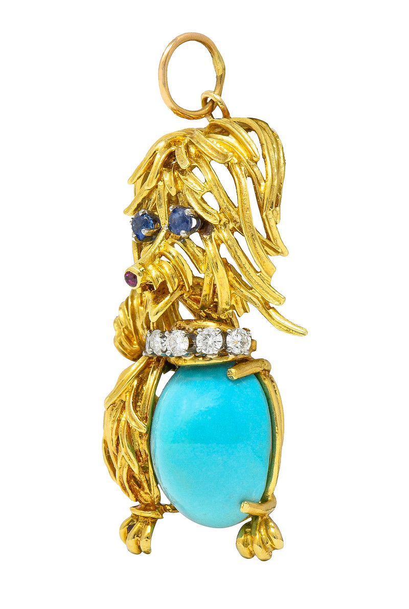 1960's Vintage Turquoise Sapphire Diamond 18 Karat Gold Maltese Dog PendantNecklace - Wilson's Estate Jewelry