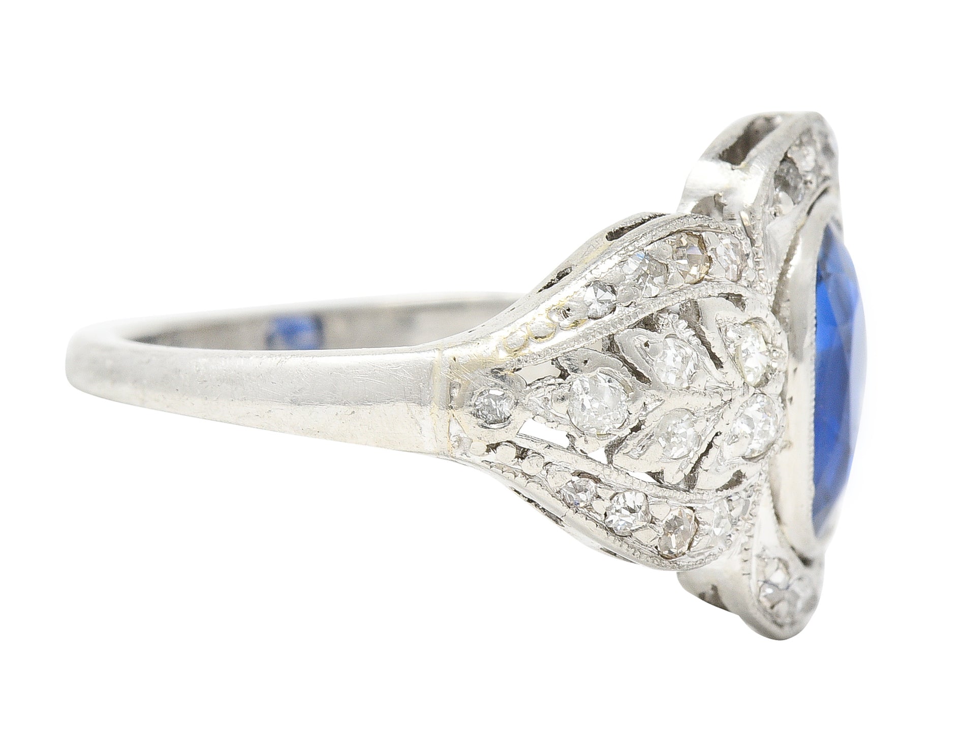 Edwardian 2.56 CTW Cushion Cut No Heat Burma Sapphire Diamond Platinum Foliate Antique Dinner Ring AGL Wilson's Estate Jewelry