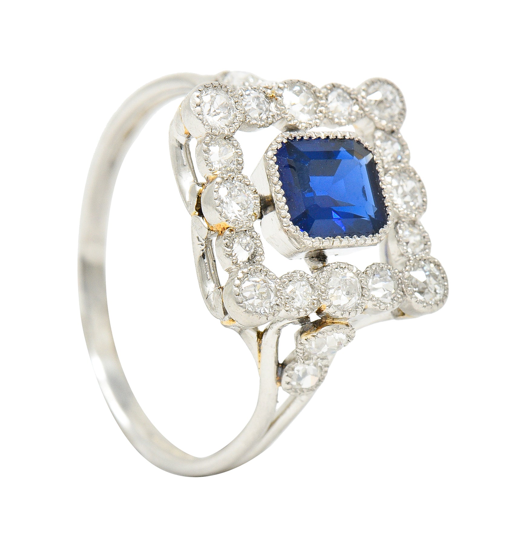 Art Deco 1.35 CTW Sapphire Diamond Platinum Rectangular Cluster Ring Wilson's Estate Jewelry