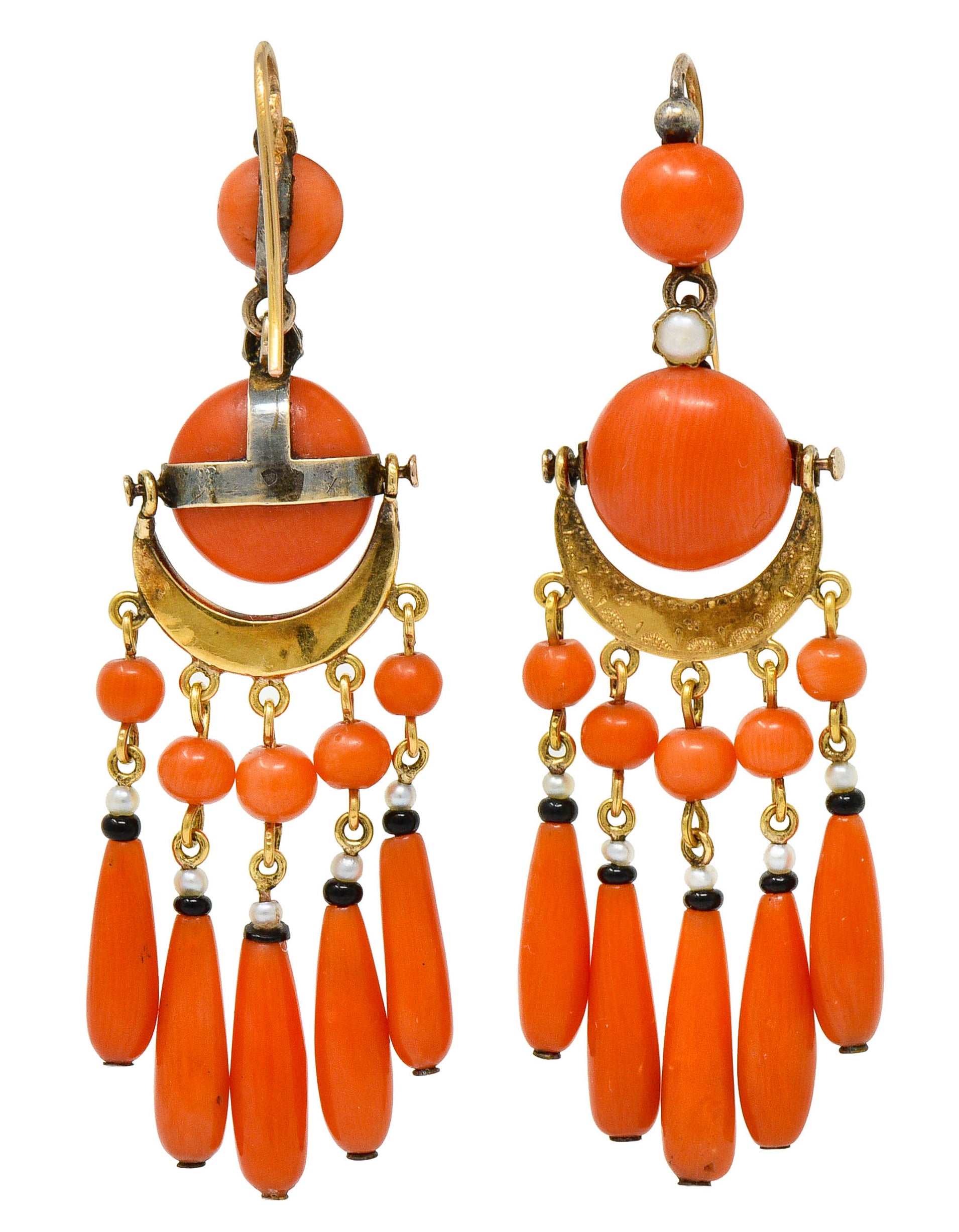 Victorian Etruscan Revival Coral Pearl Onyx 18 Karat Gold Chandelier Earrings - Wilson's Estate Jewelry