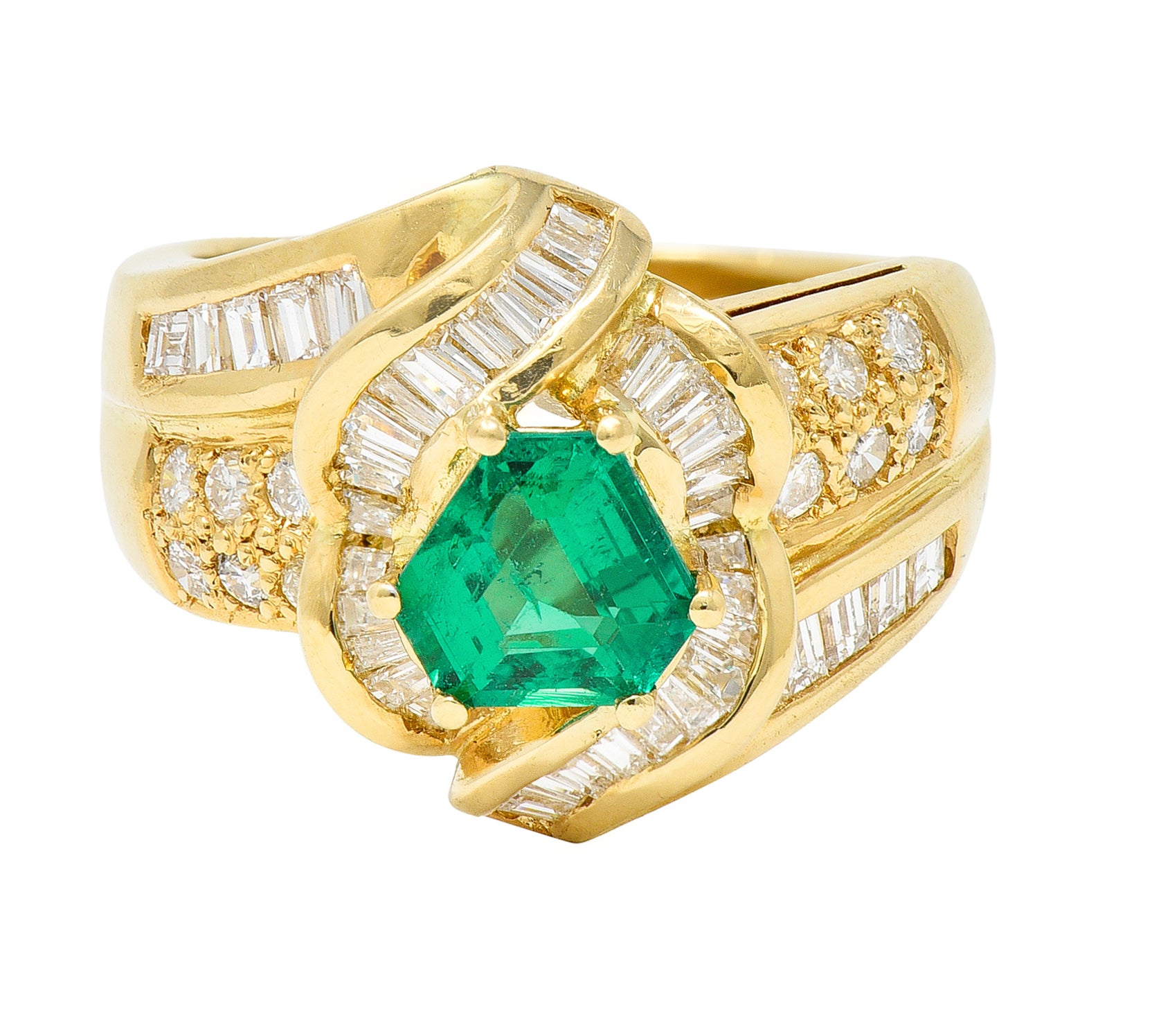 1980's Vintage 2.09 CTW Colombian Emerald Diamond 18 Karat Yellow Gold Knot Ring GIA Wilson's Antique & Estate Jewelry