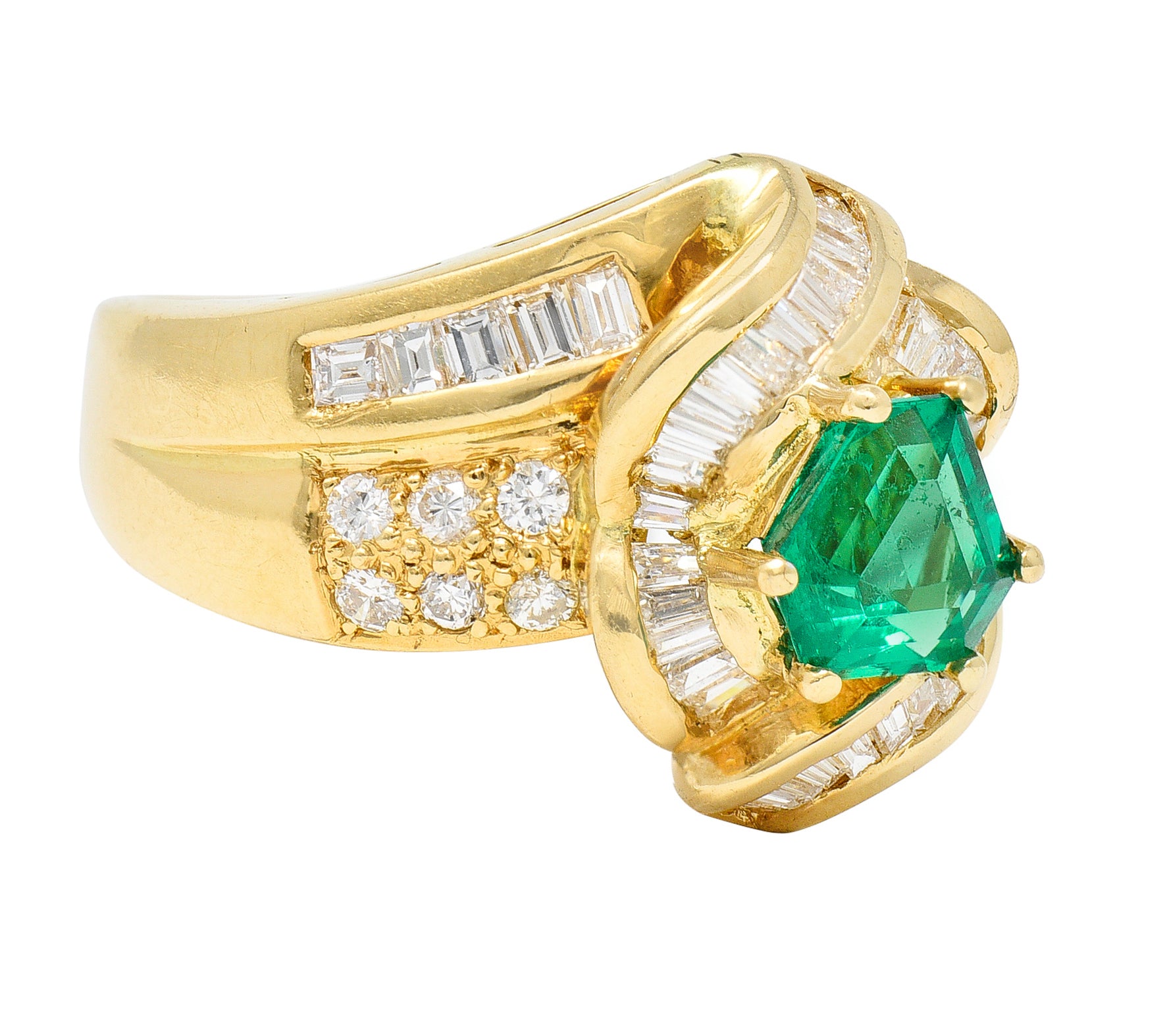 1980's Vintage 2.09 CTW Colombian Emerald Diamond 18 Karat Yellow Gold Knot Ring GIA Wilson's Antique & Estate Jewelry