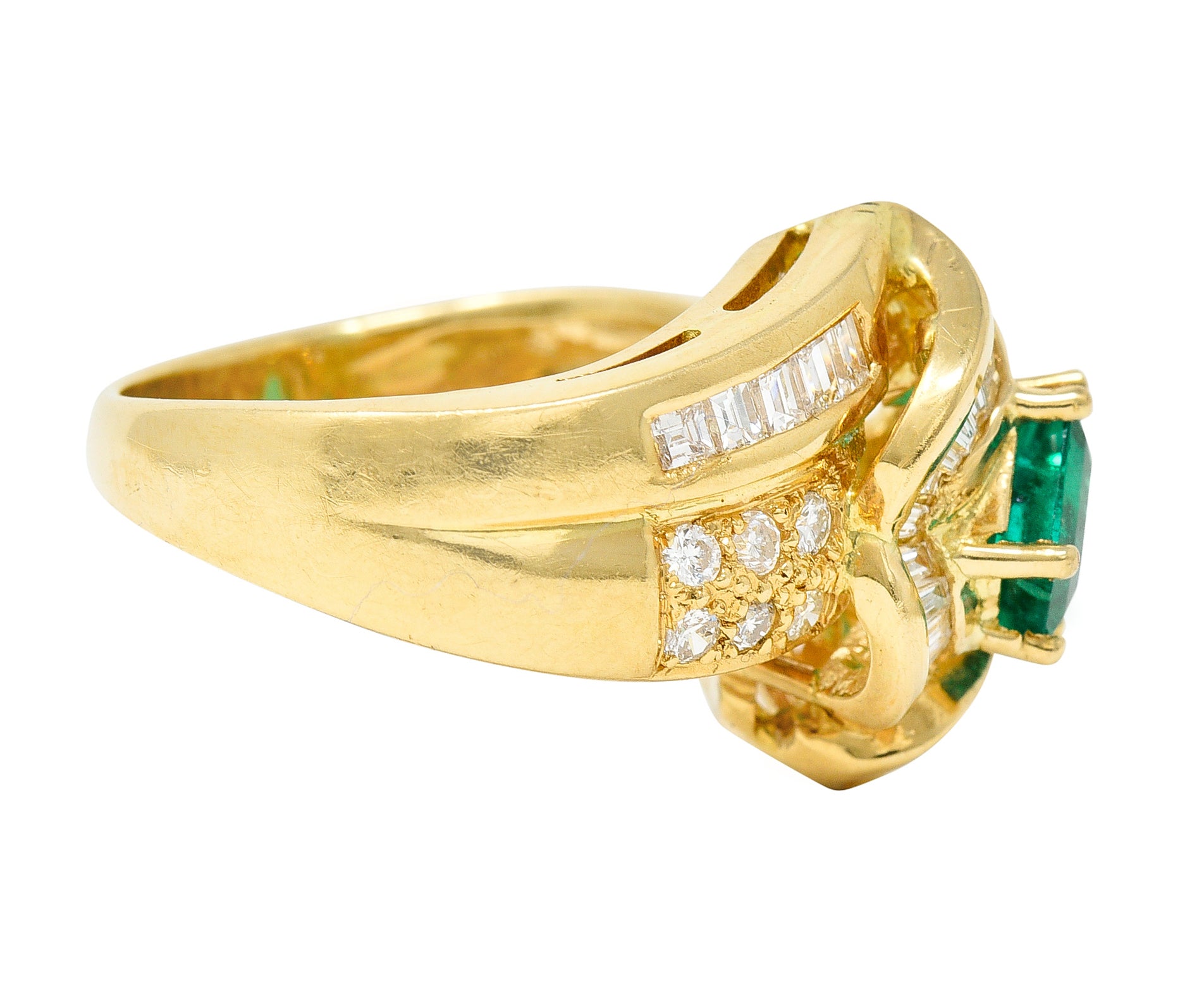 1980's Vintage 2.09 CTW Colombian Emerald Diamond 18 Karat Yellow Gold Knot Ring GIA Wilson's Antique & Estate Jewelry