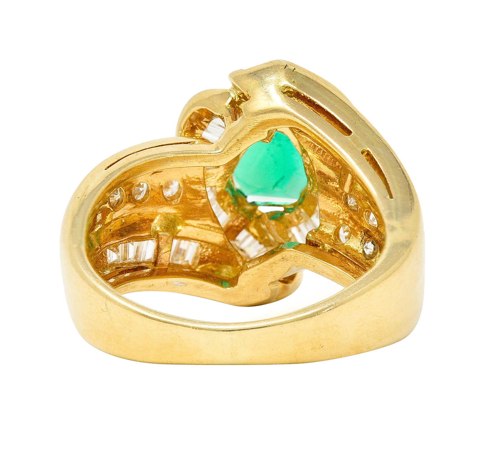 1980's Vintage 2.09 CTW Colombian Emerald Diamond 18 Karat Yellow Gold Knot Ring GIA Wilson's Antique & Estate Jewelry