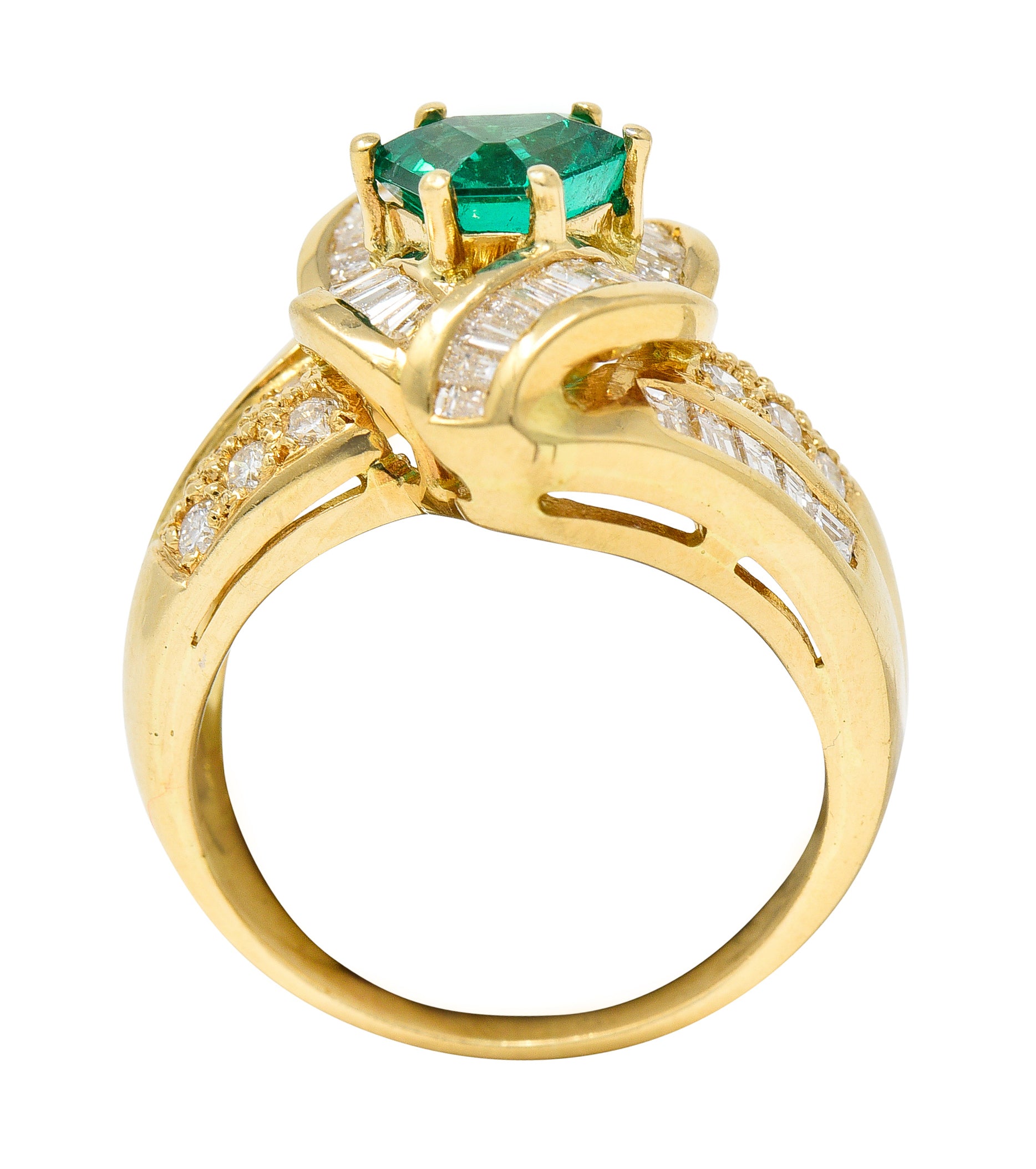 1980's Vintage 2.09 CTW Colombian Emerald Diamond 18 Karat Yellow Gold Knot Ring GIA Wilson's Antique & Estate Jewelry