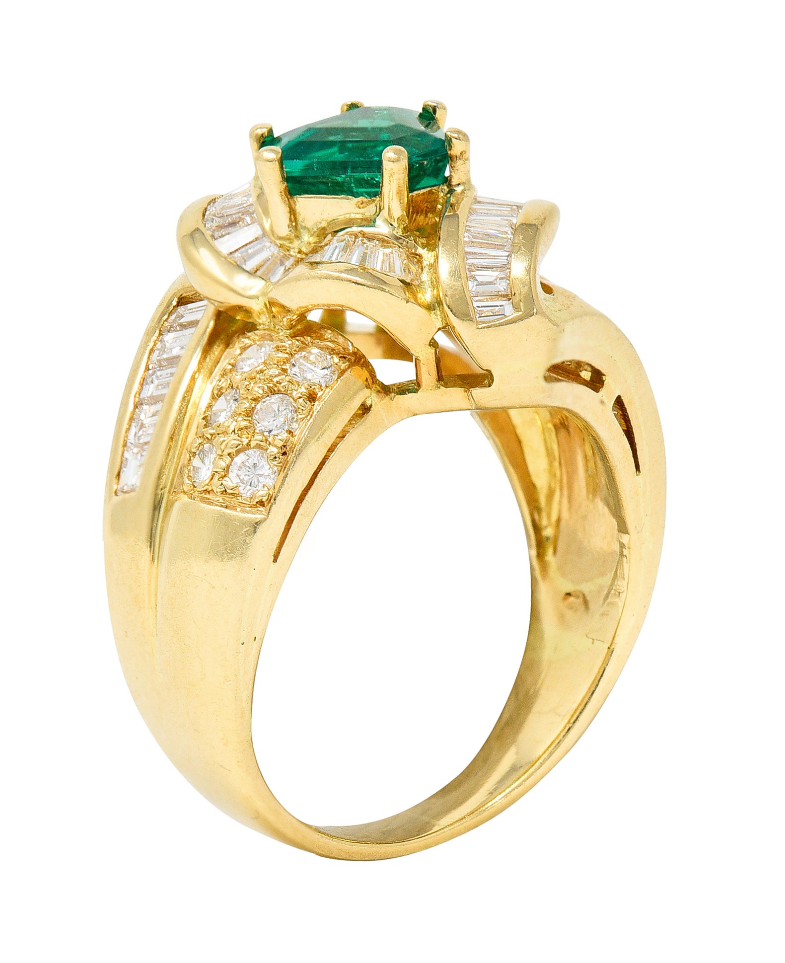 1980's Vintage 2.09 CTW Colombian Emerald Diamond 18 Karat Yellow Gold Knot Ring GIA Wilson's Antique & Estate Jewelry