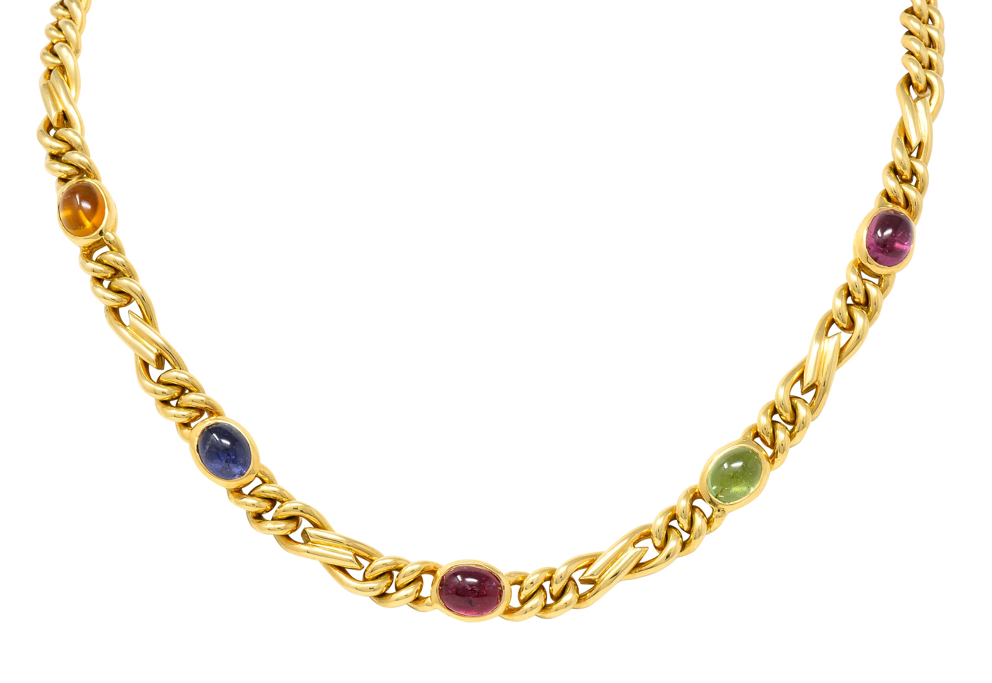 .11111 Bulgari 1980's Citrine Sapphire Tourmaline Cabochon 18 Karat Yellow Gold Figaro Chain Vintage Multi-Gem Necklace Wilson's Estate Jewelry