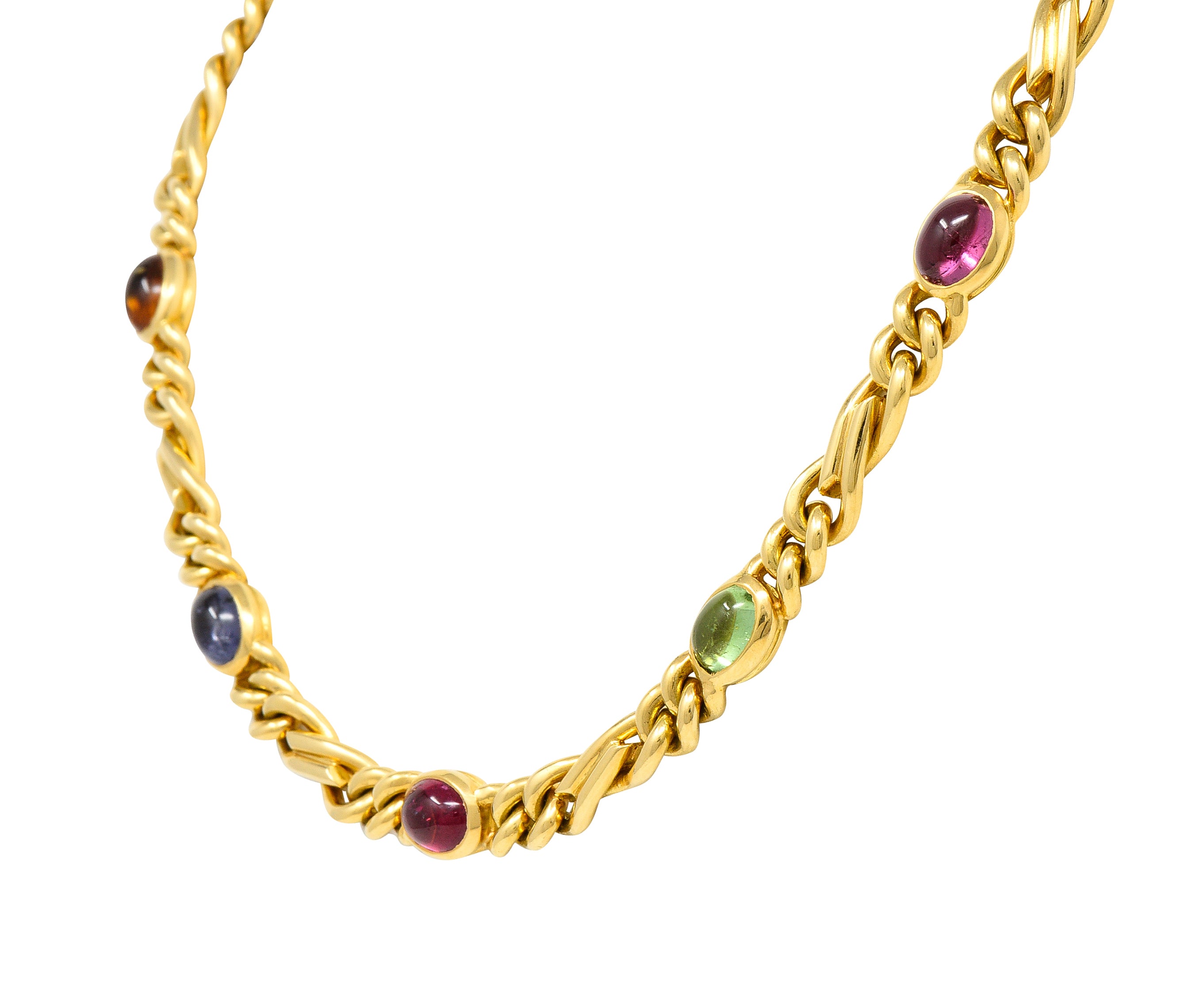 .11111 Bulgari 1980's Citrine Sapphire Tourmaline Cabochon 18 Karat Yellow Gold Figaro Chain Vintage Multi-Gem Necklace Wilson's Estate Jewelry