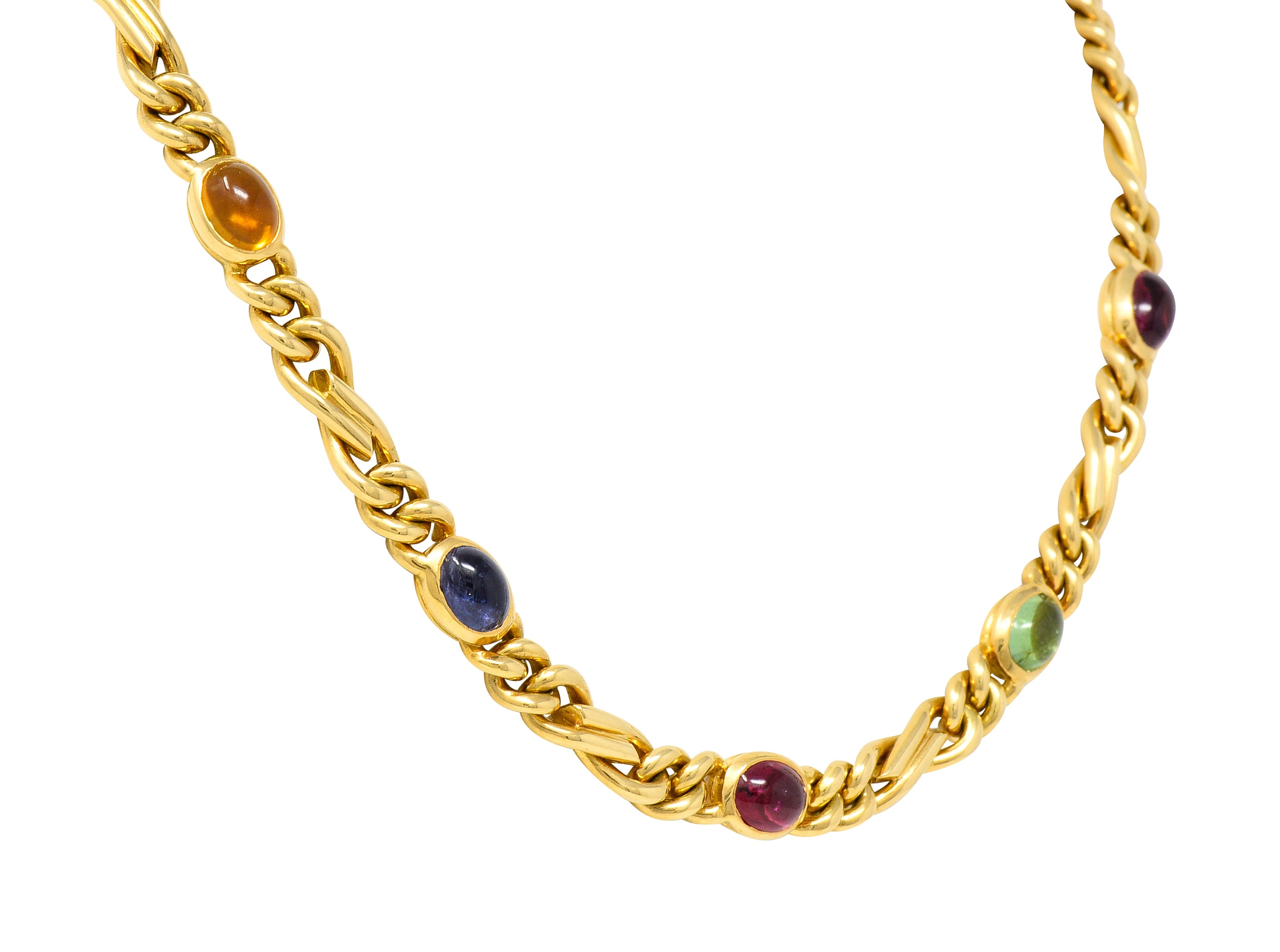 .11111 Bulgari 1980's Citrine Sapphire Tourmaline Cabochon 18 Karat Yellow Gold Figaro Chain Vintage Multi-Gem Necklace Wilson's Estate Jewelry