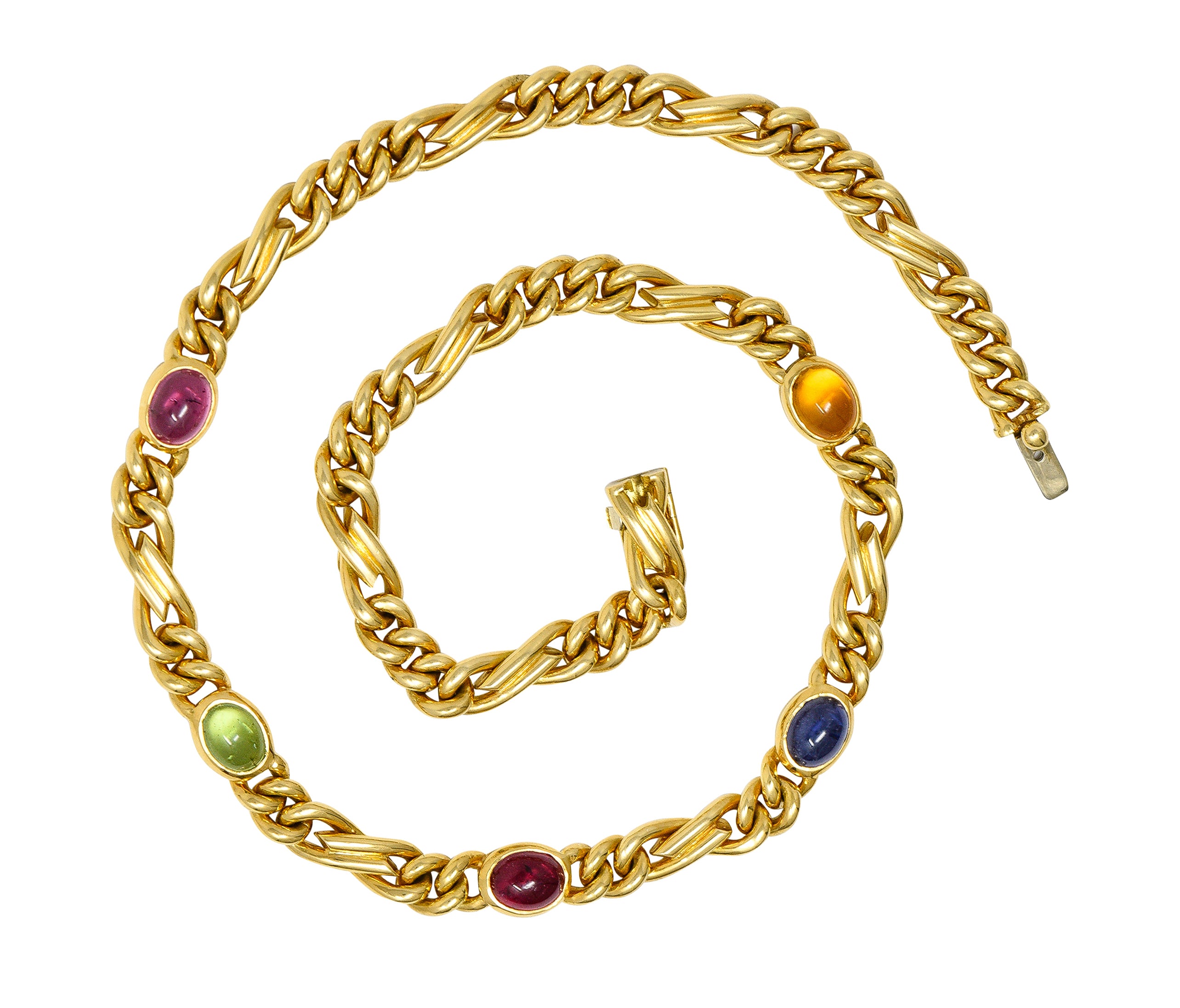 .11111 Bulgari 1980's Citrine Sapphire Tourmaline Cabochon 18 Karat Yellow Gold Figaro Chain Vintage Multi-Gem Necklace Wilson's Estate Jewelry