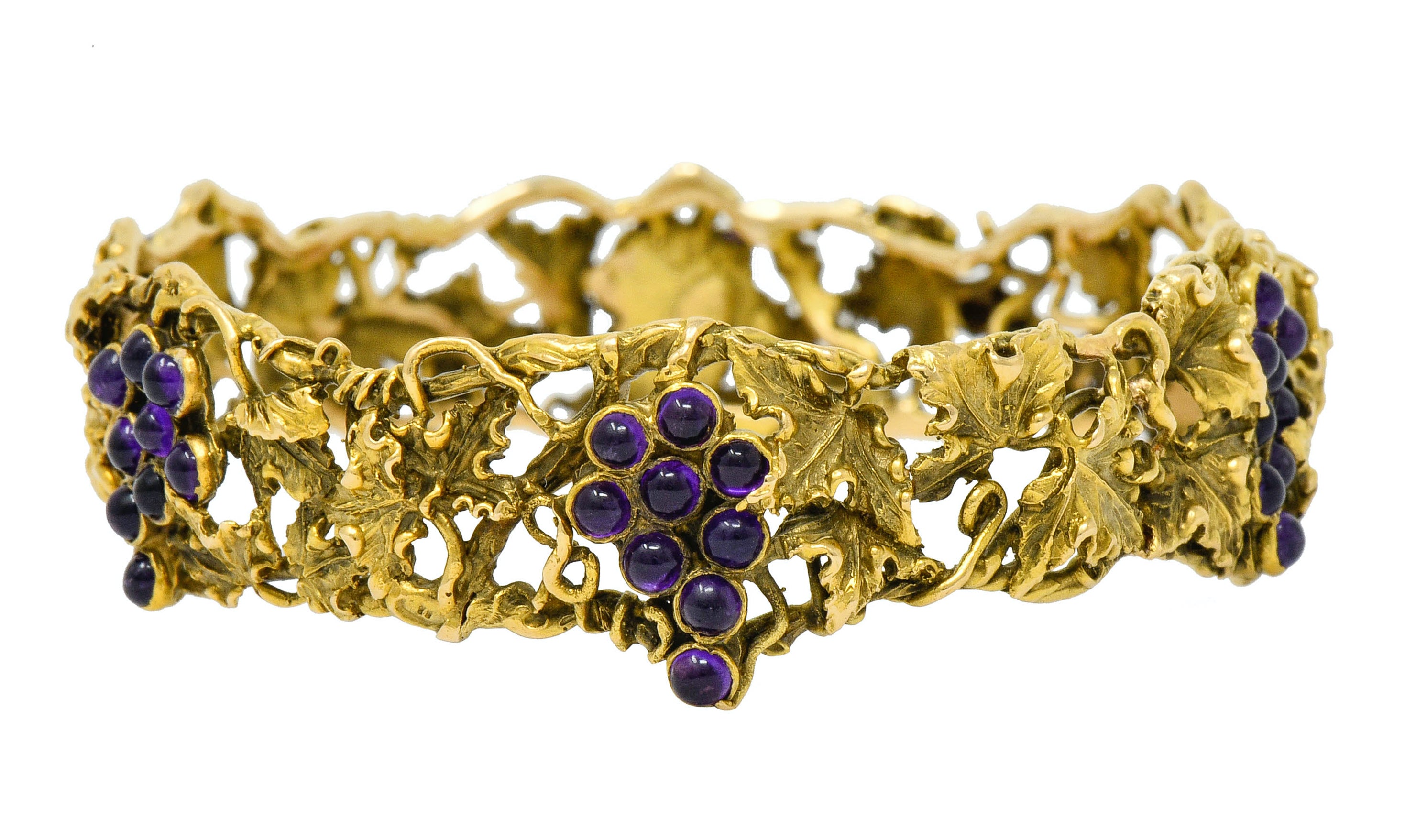 c.11111 *Arts & Crafts Amethyst 14 Karat Gold Grape Cluster Vine Bangle Bracelet - Wilson's Estate Jewelry