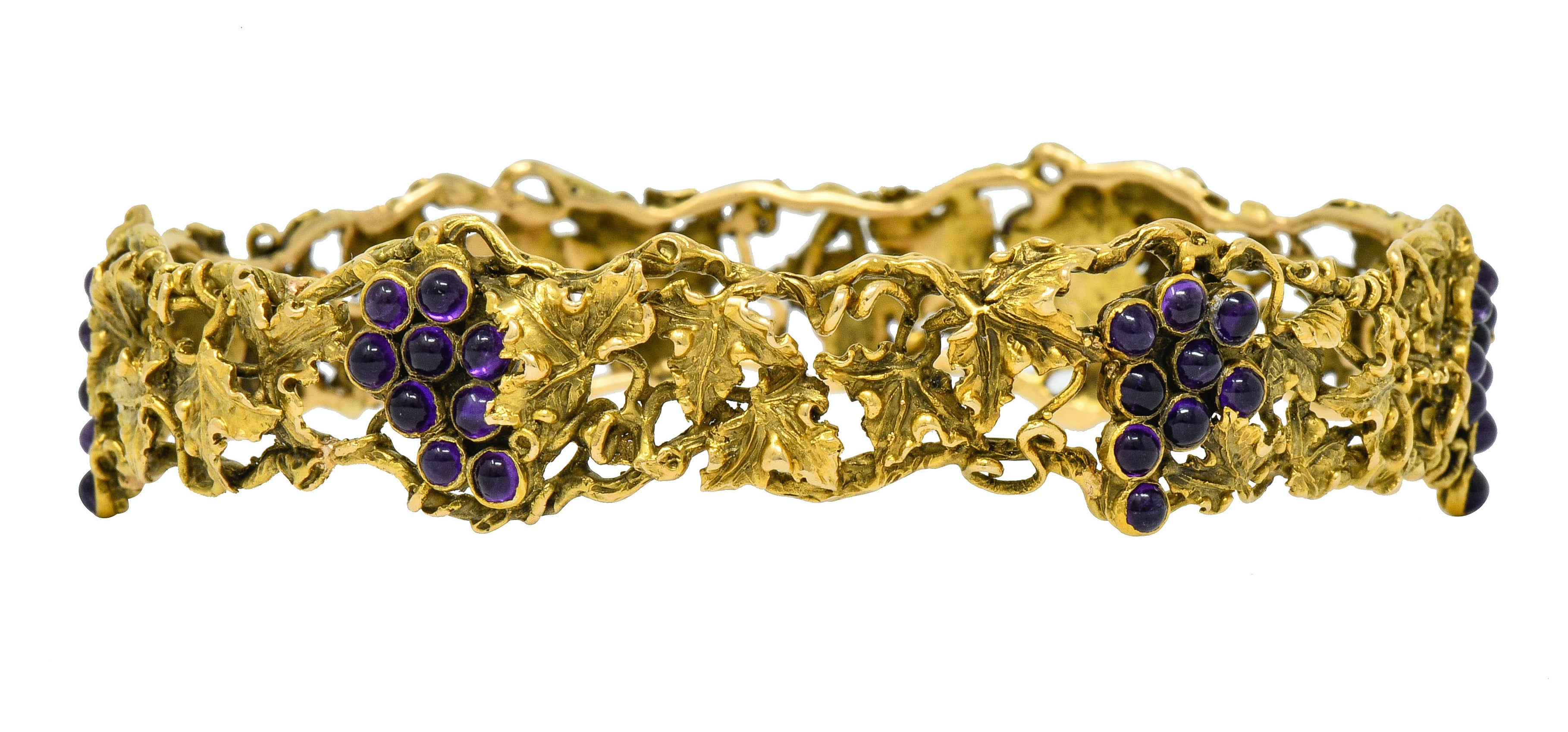 c.11111 *Arts & Crafts Amethyst 14 Karat Gold Grape Cluster Vine Bangle Bracelet - Wilson's Estate Jewelry