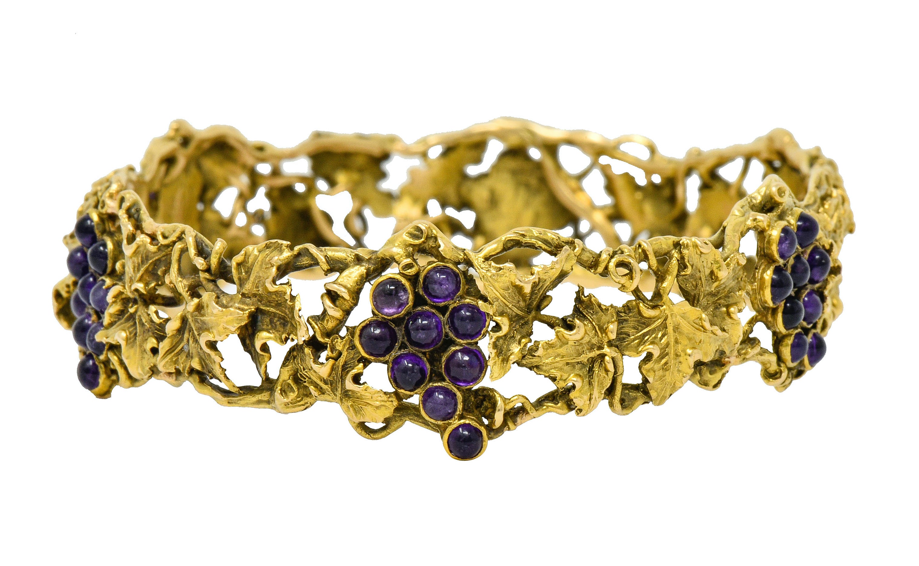 c.11111 *Arts & Crafts Amethyst 14 Karat Gold Grape Cluster Vine Bangle Bracelet - Wilson's Estate Jewelry