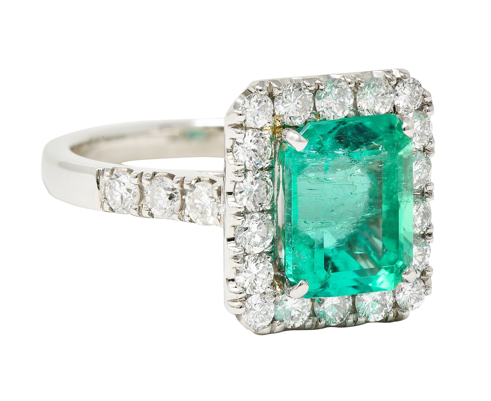 Contemporary 3.50 CTW Colombian Emerald Diamond Platinum Halo Ring GIA Wilson's Estate Jewelry