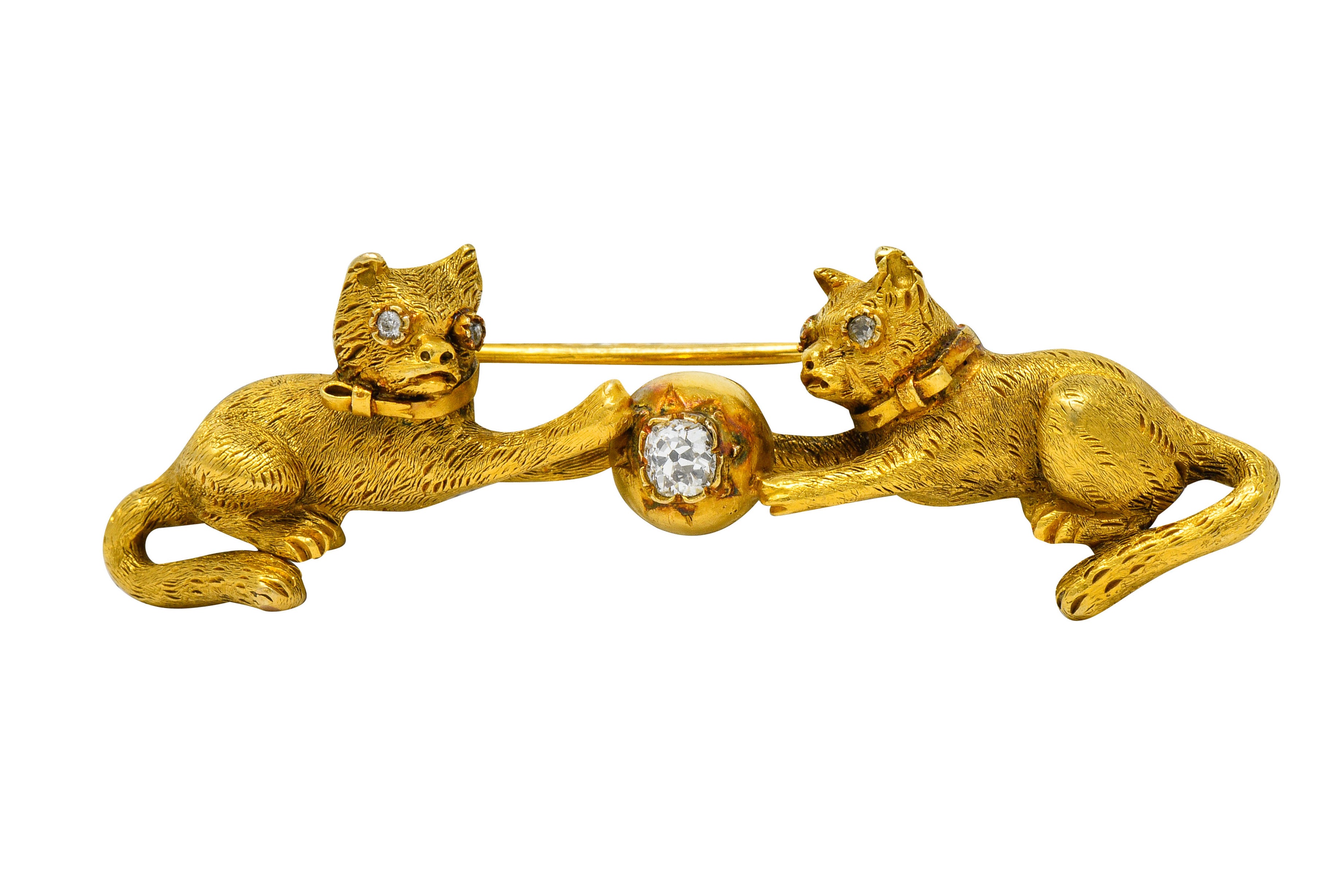 Victorian Diamond 18 Karat Yellow Gold Kitten Cat Bar Brooch - Wilson's Estate Jewelry