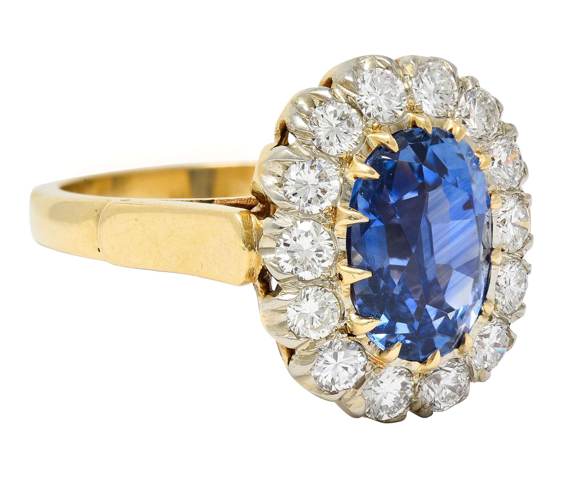 1960's 6.03 CTW Oval Cut Ceylon Sapphire Diamond Platinum-Topped 14 Karat Yellow Gold Vintage Halo Ring GIA Wilson's Estate Jewelry